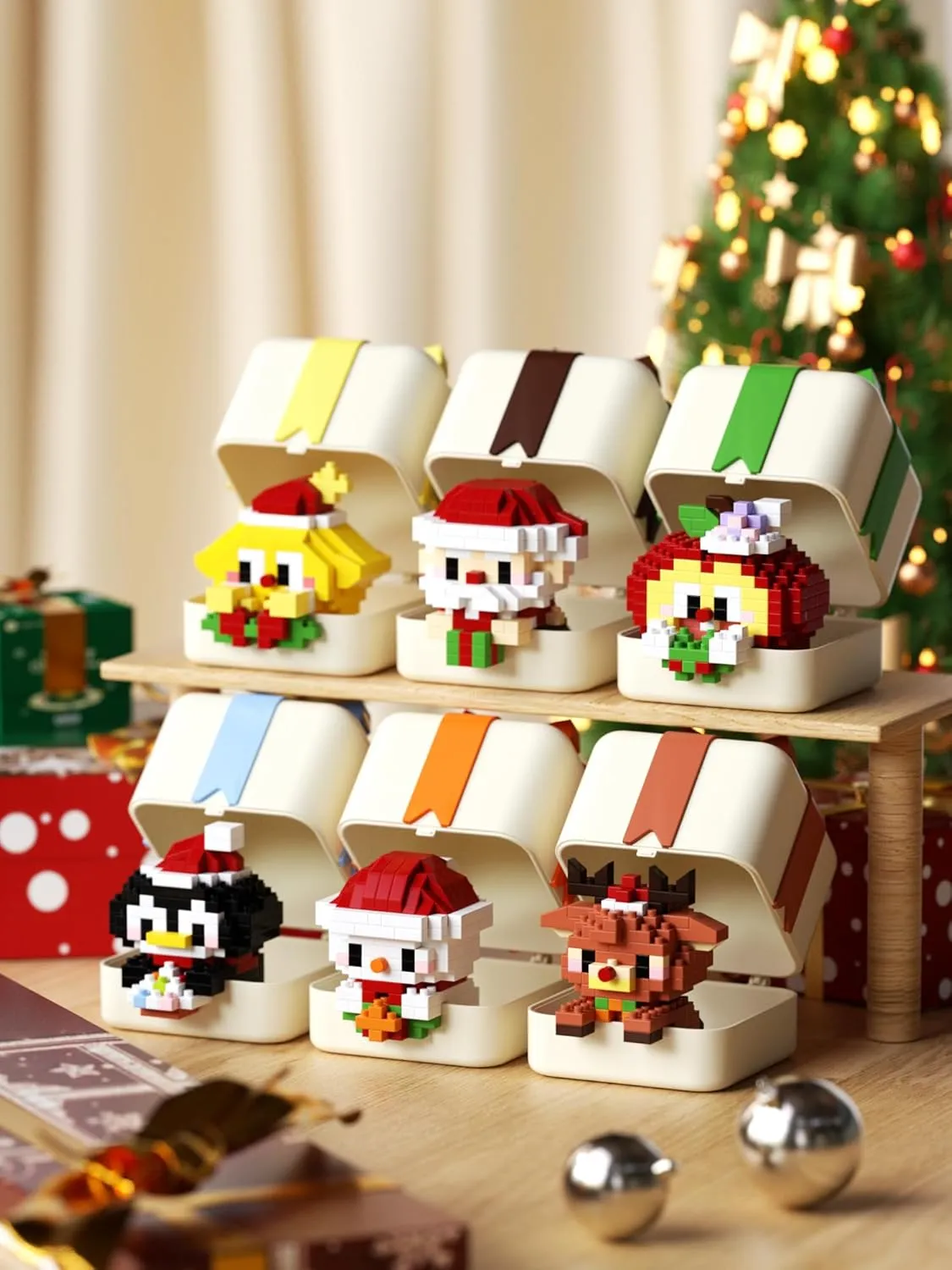 Christmas Micro Brick Building Blocks with Gift Boxes, Assorted Figures Santa Claus, Snowmen, Penguins, elk, Stars, Apples
