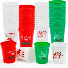 Christmas Party Plastic Cups - Set of 24 Red and Green 16oz Plastic Holiday Stadium Cups, 4 Festive Drinking Pun Designs, Perfect for Christmas Party Supplies