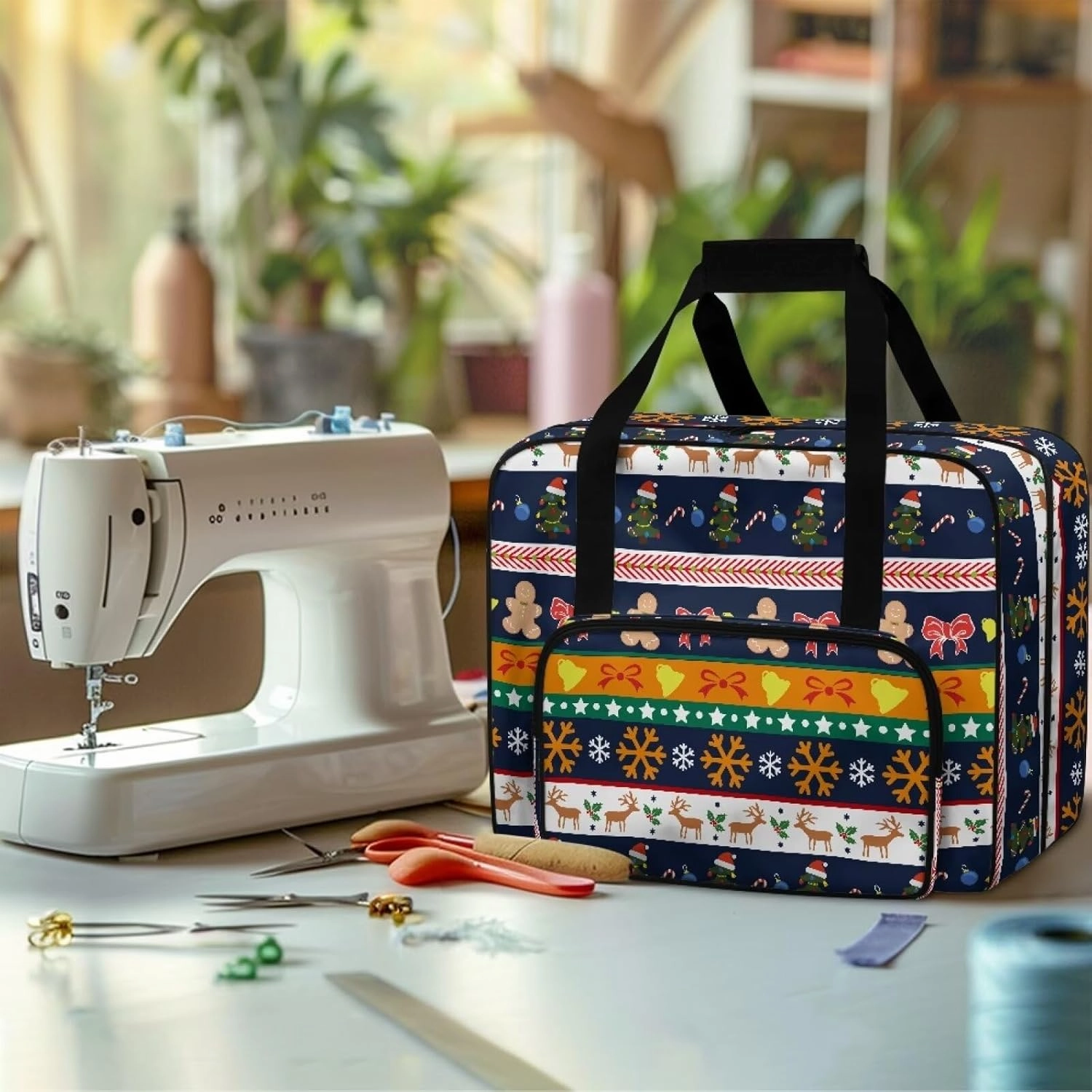 Christmas Stripe Sewing Machine Handbag Tote Bag for Sewing Machine Portable Sewing Case Storage Organization Carrying Bag for Accessories Carrying Travel Storage Carrier