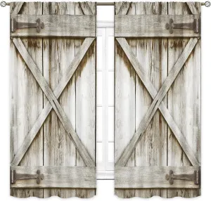 Cinbloo Grey Farmhouse Western Curtains 42W x 63L Inch Rod Pocket Rustic Gray Barn Door Wooden Vintage Barnwood Men Bedroom Decor Country Cabin Farm Wood Printed Living Room Window Drapes2 Panels