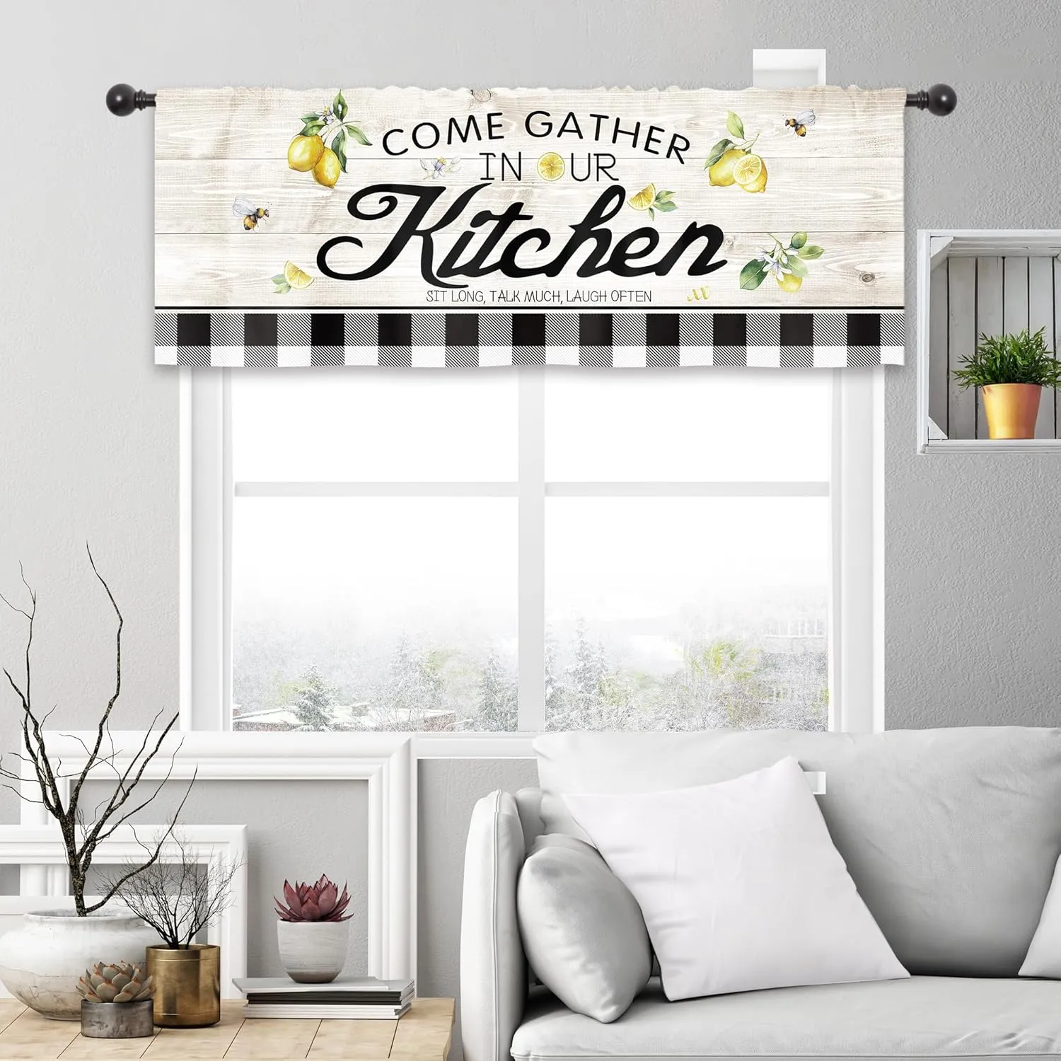 Cinbloo Lemon Valance for Windows Rustic Curtains for Kitchen 52Wx18H Inch Rod Pocket Farmhouse Decor Wood Black White Buffalo Plaid Country Small Window Drapes Fabric 1 Panel
