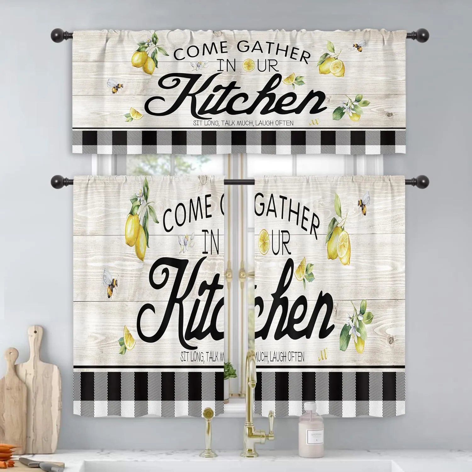 Cinbloo Lemon Valance for Windows Rustic Curtains for Kitchen 52Wx18H Inch Rod Pocket Farmhouse Decor Wood Black White Buffalo Plaid Country Small Window Drapes Fabric 1 Panel