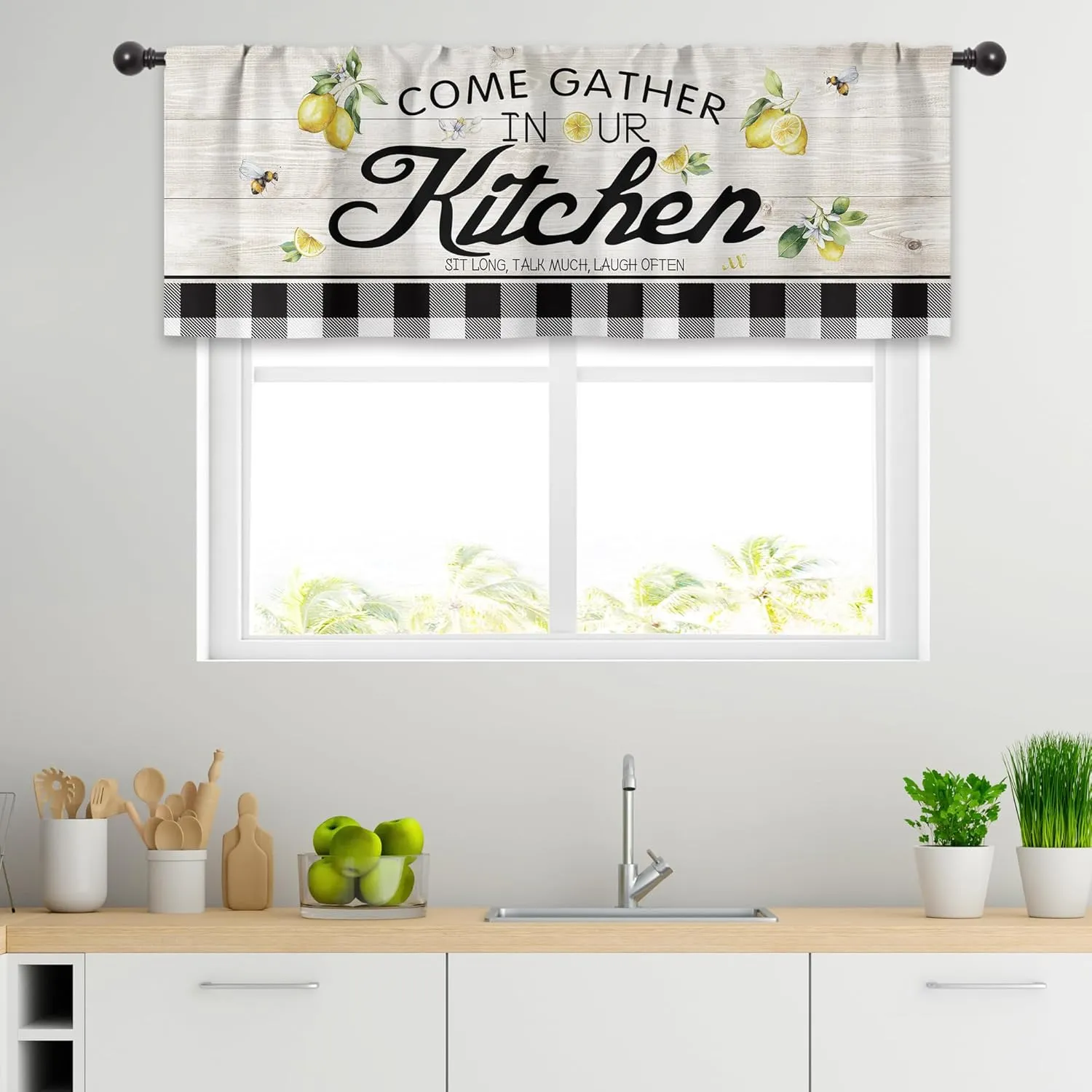 Cinbloo Lemon Valance for Windows Rustic Curtains for Kitchen 52Wx18H Inch Rod Pocket Farmhouse Decor Wood Black White Buffalo Plaid Country Small Window Drapes Fabric 1 Panel