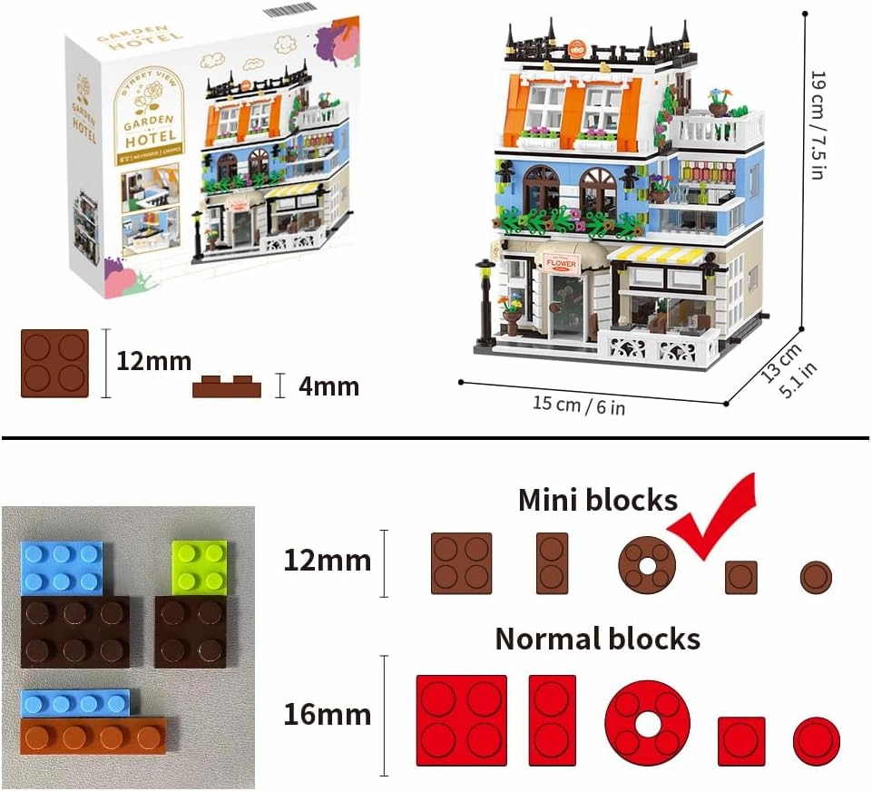 City Garden Hotel Building Sets,House Architecture Model Blocks Toys for Adults & Teens，1300 PCS Mini Bricks with LED