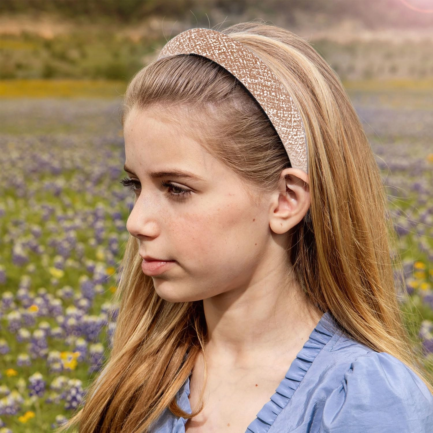 Clara Tweed Padded Headband - Caramel | Luxurious Tweed Fabric with Plush Padding | Comfortable Fit with Rubberized Teeth | Sophisticated Accessory for Casual & Polished Looks