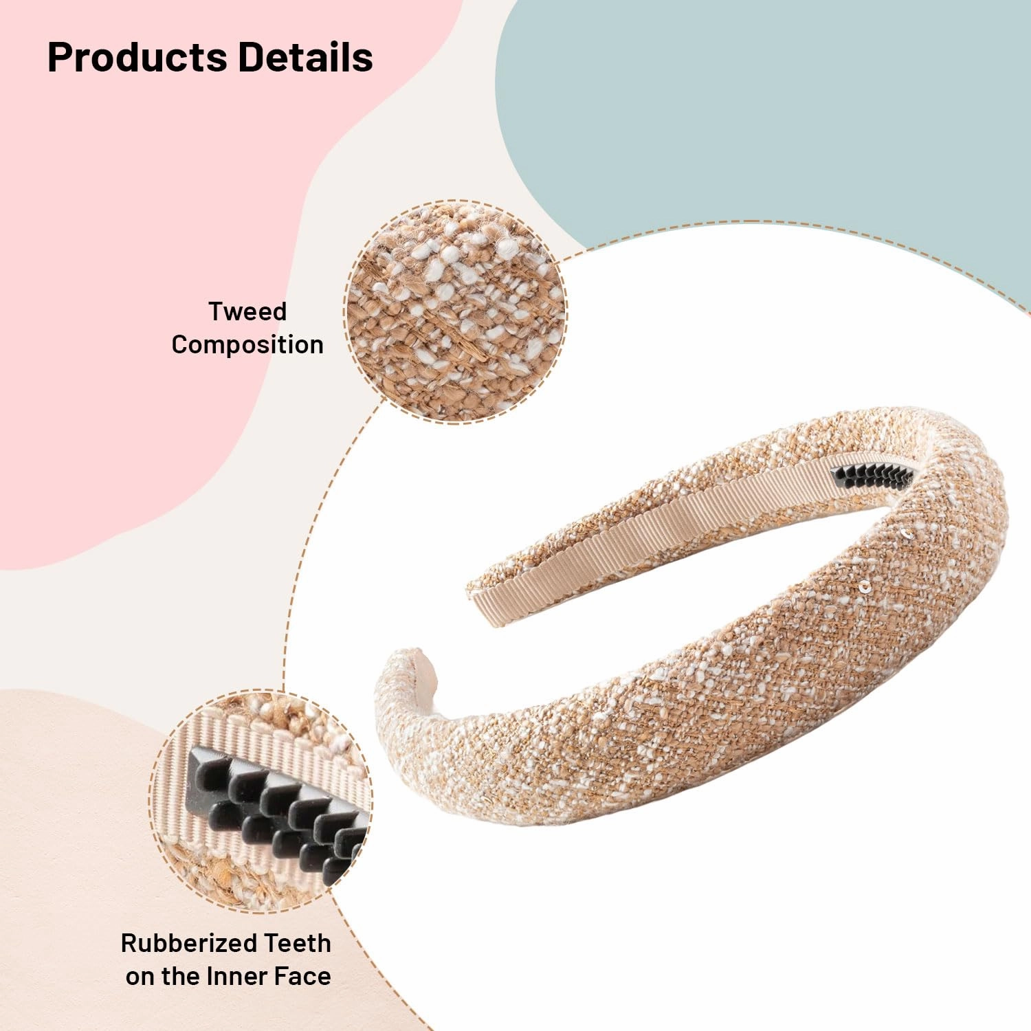 Clara Tweed Padded Headband - Caramel | Luxurious Tweed Fabric with Plush Padding | Comfortable Fit with Rubberized Teeth | Sophisticated Accessory for Casual & Polished Looks