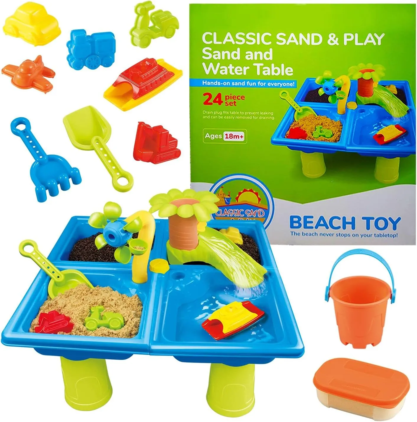 CLASSIC SAND & PLAY Sand and Water Table for Kids, 24 Pc Set, Fun Activity Center for Toddlers with Plastic Molds, Shovel, Waterfall, and Leak-Free Tray, Hands-On Early Learning Toy