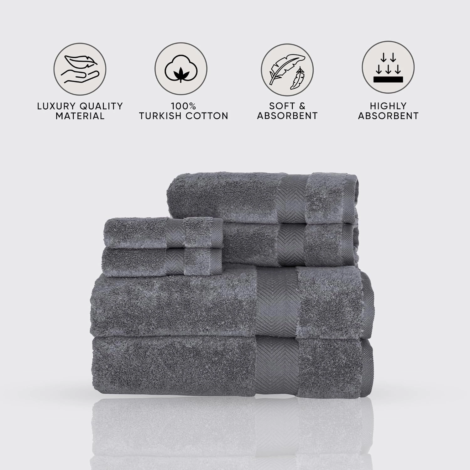Classic Turkish Towels CTT - Luxury 6 Piece Towel Set, 100% Turkish Cotton, Quick Drying, Highly Absorbent & Comfy, Includes 2 Bath Towels, 2 Hand Towels & 2 Washcloths | (Grey)