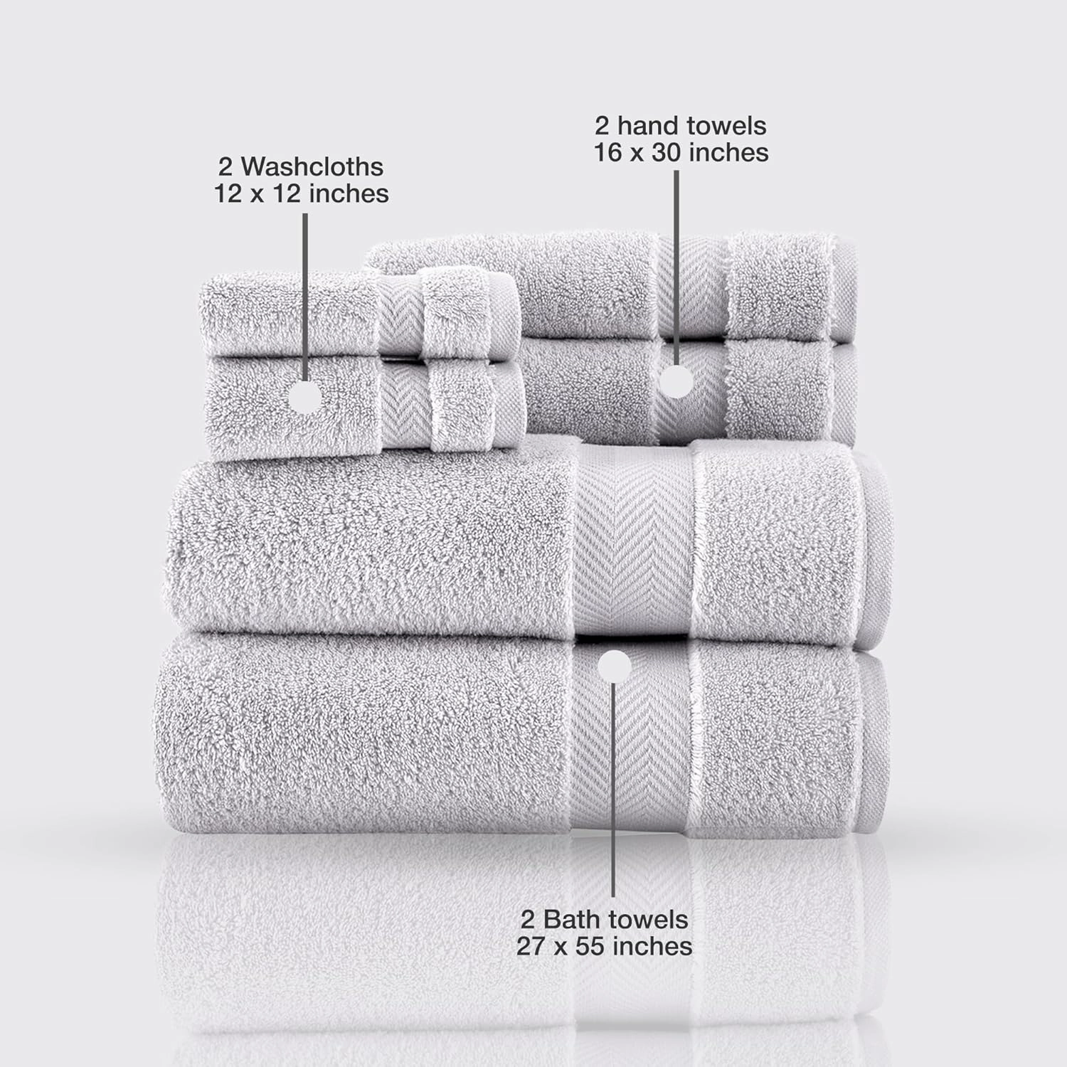 Classic Turkish Towels CTT - Luxury 6 Piece Towel Set, 100% Turkish Cotton, Quick Drying, Highly Absorbent & Comfy, Includes 2 Bath Towels, 2 Hand Towels & 2 Washcloths | (Platinum)