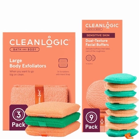 Cleanlogic Exfolaiting Face & Body Scrubber Combo Kit – 9 Facial Sponges   3 Large Body Exfoliators, Sensitive Skin-Friendly, Makeup Removal & Smoothing, Assorted Colors