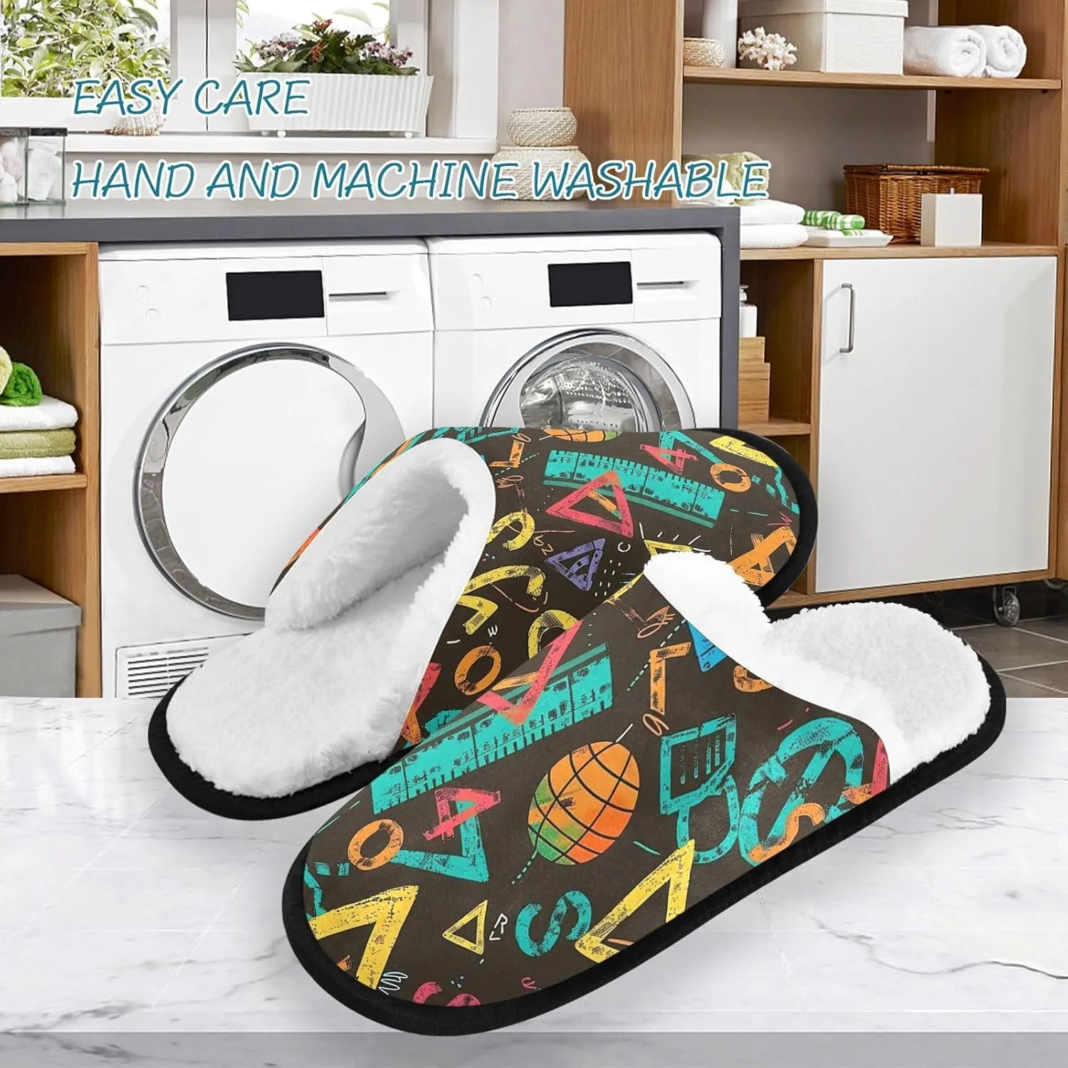 Colorful Math Symbols Plush Slippers for Women Men Warm Comfortable Travel Spa Slipper Non-slip House Shoes
