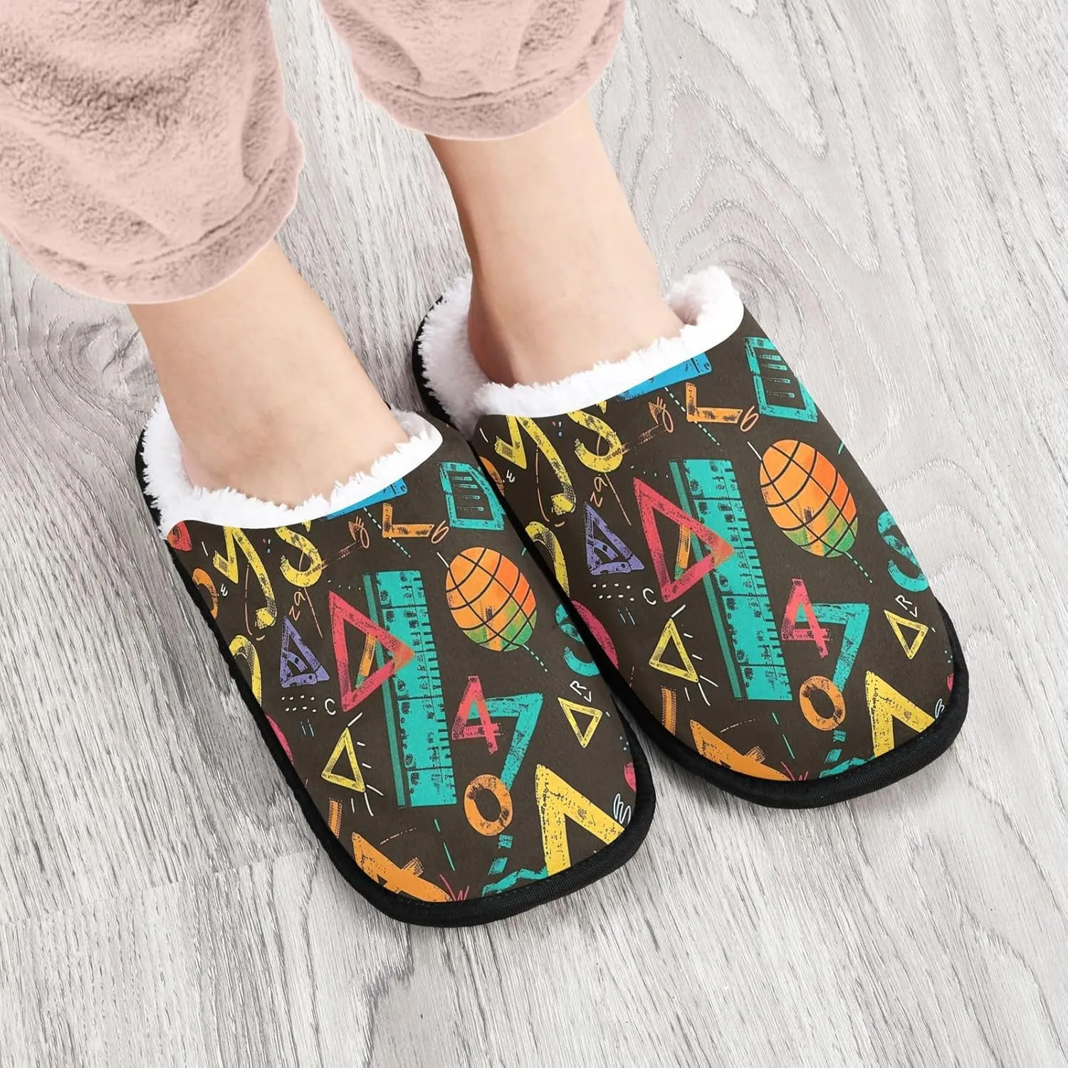 Colorful Math Symbols Plush Slippers for Women Men Warm Comfortable Travel Spa Slipper Non-slip House Shoes
