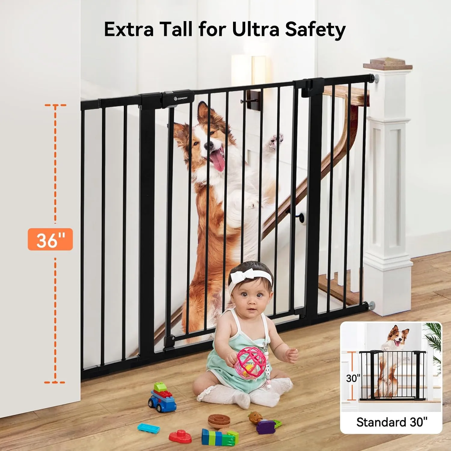 COMOMY 36" Extra Tall Baby Gate for Stairs and Doorways - Fits 29.5" to 48.8" Wide Openings, Auto Close Extra Wide Dog Gate for House, Pressure Mounted Easy Walk Through Pet With Door, Black