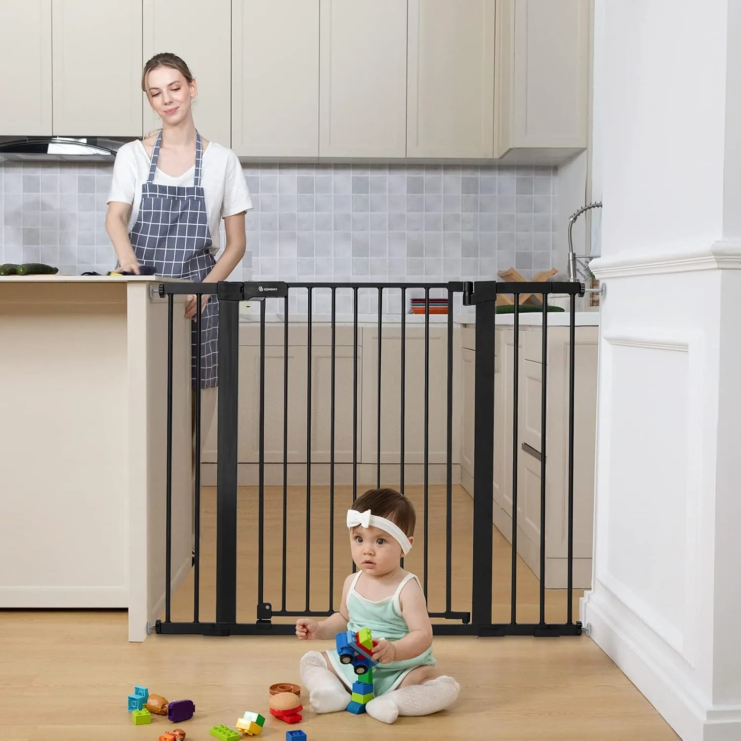 COMOMY 36" Extra Tall Baby Gate for Stairs and Doorways - Fits 29.5" to 48.8" Wide Openings, Auto Close Extra Wide Dog Gate for House, Pressure Mounted Easy Walk Through Pet With Door, Black