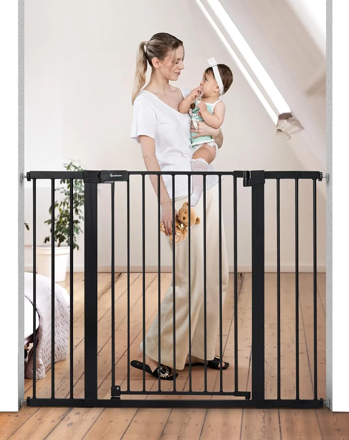 COMOMY 36" Extra Tall Baby Gate for Stairs and Doorways - Fits 29.5" to 48.8" Wide Openings, Auto Close Extra Wide Dog Gate for House, Pressure Mounted Easy Walk Through Pet With Door, Black