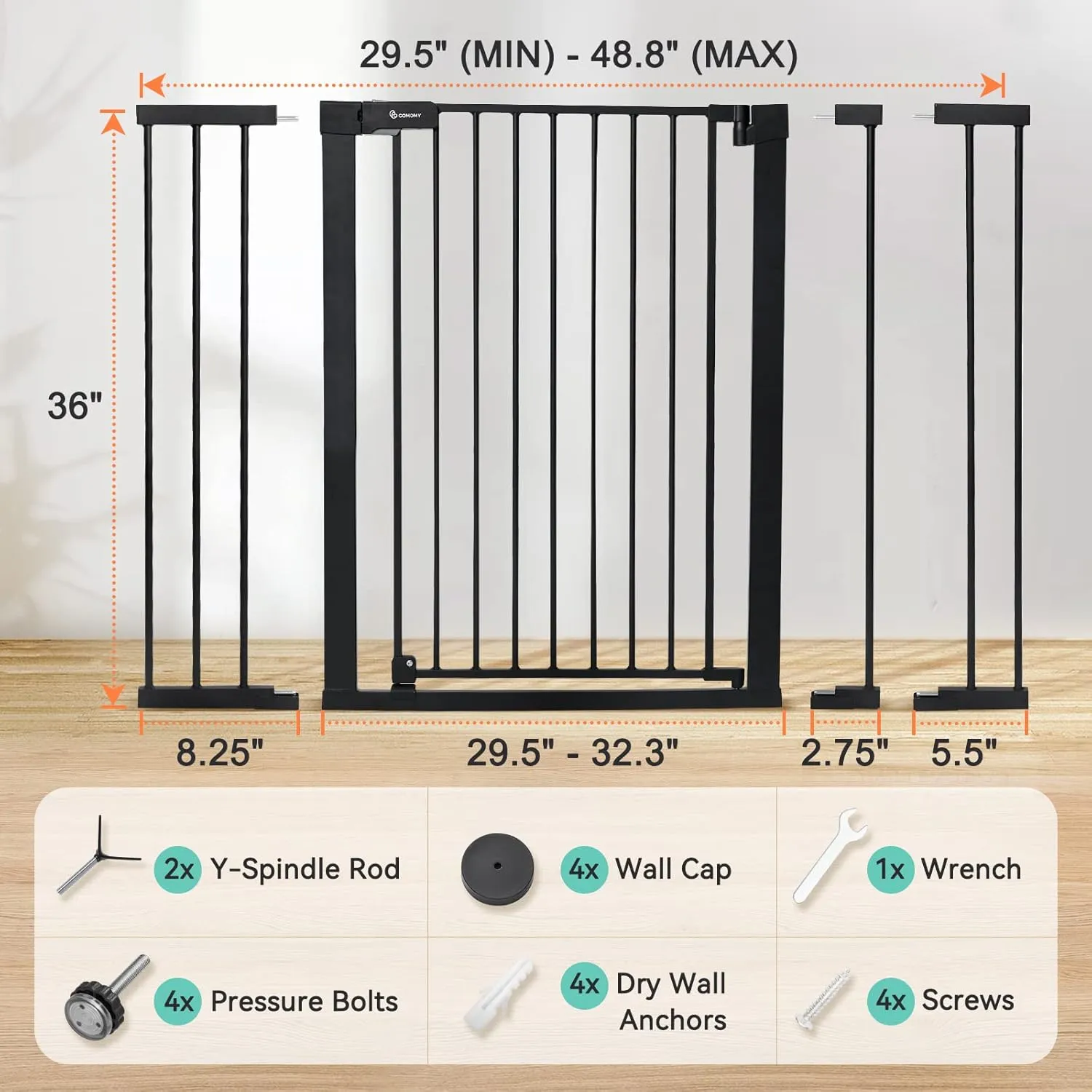 COMOMY 36" Extra Tall Baby Gate for Stairs and Doorways - Fits 29.5" to 48.8" Wide Openings, Auto Close Extra Wide Dog Gate for House, Pressure Mounted Easy Walk Through Pet With Door, Black