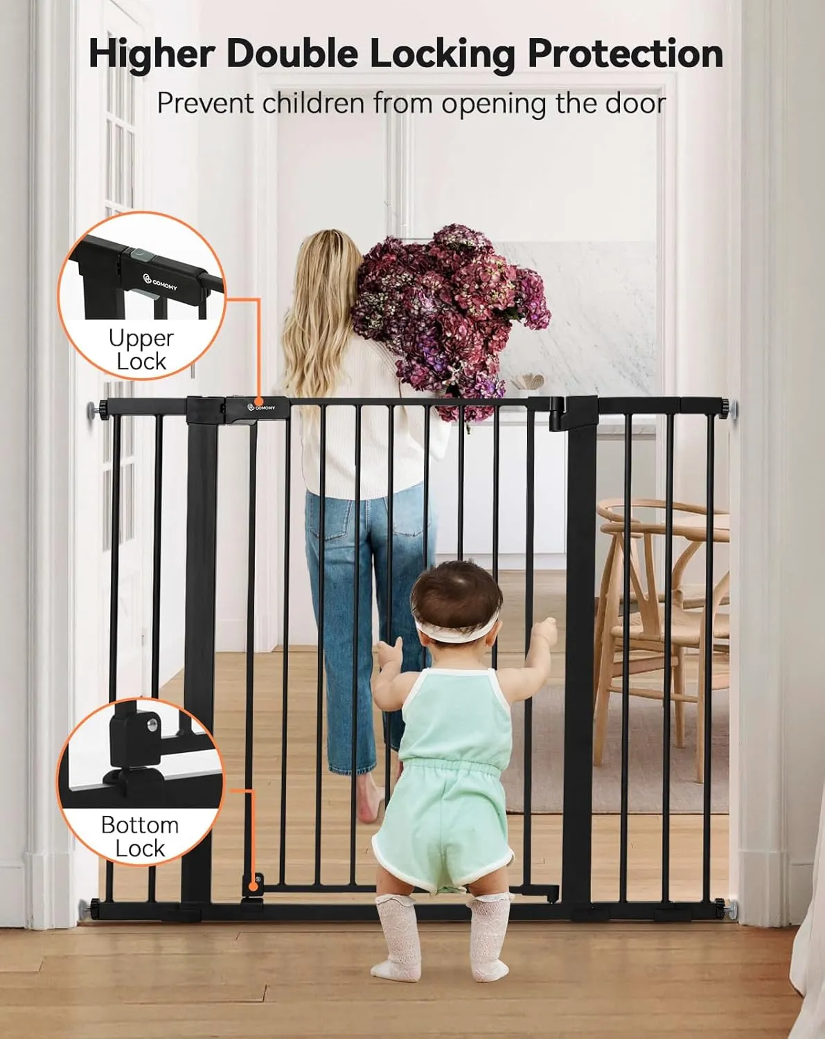 COMOMY 36" Extra Tall Baby Gate for Stairs Doorways, Fits Openings 29.5" to 43.3" Wide, Auto Close Sturdy Safety Dog Gate for House, Pressure Mounted Easy Walk Through Pet Gate with Door, Black