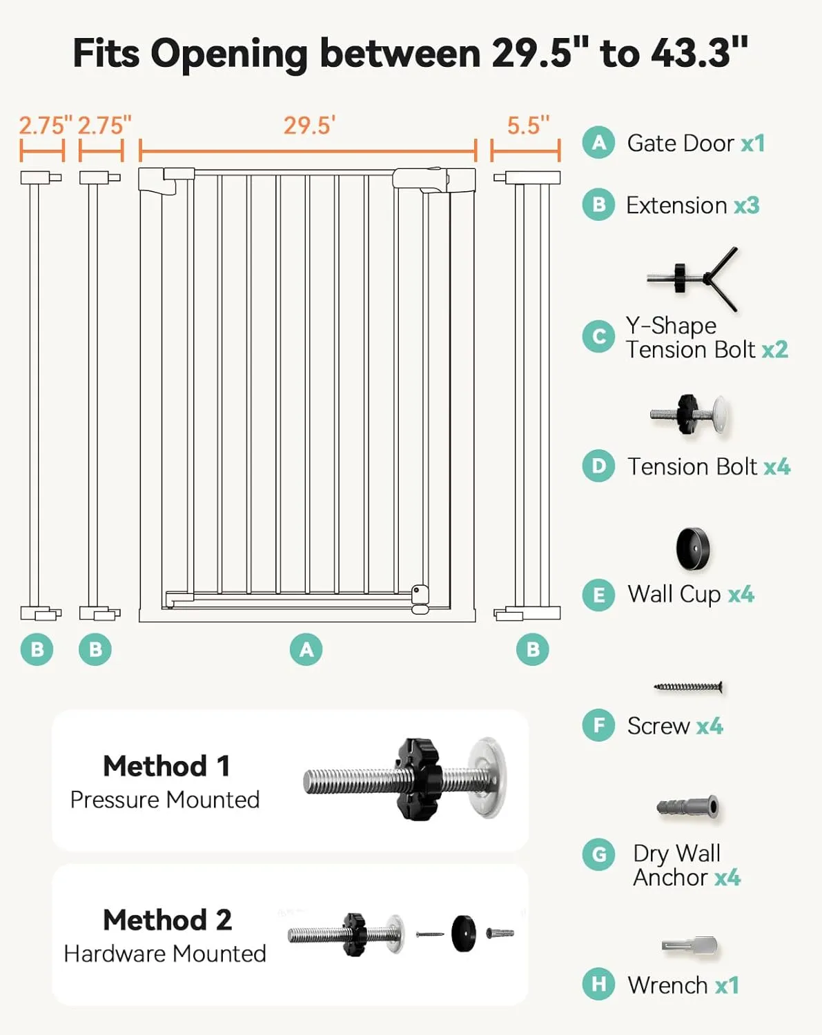 COMOMY 36" Extra Tall Baby Gate for Stairs Doorways, Fits Openings 29.5" to 43.3" Wide, Auto Close Sturdy Safety Dog Gate for House, Pressure Mounted Easy Walk Through Pet Gate with Door, Black