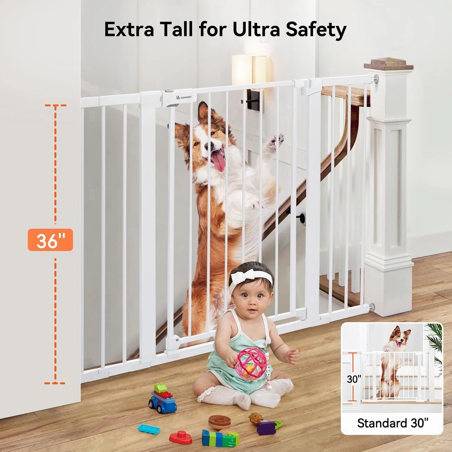 COMOMY 36" Extra Tall Baby Gate for Stairs Doorways, Fits Openings 29.5" to 48.8" Wide, Auto Close Extra Wide Dog Gate for House, Pressure Mounted Easy Walk Through Pet Gate with Door, White