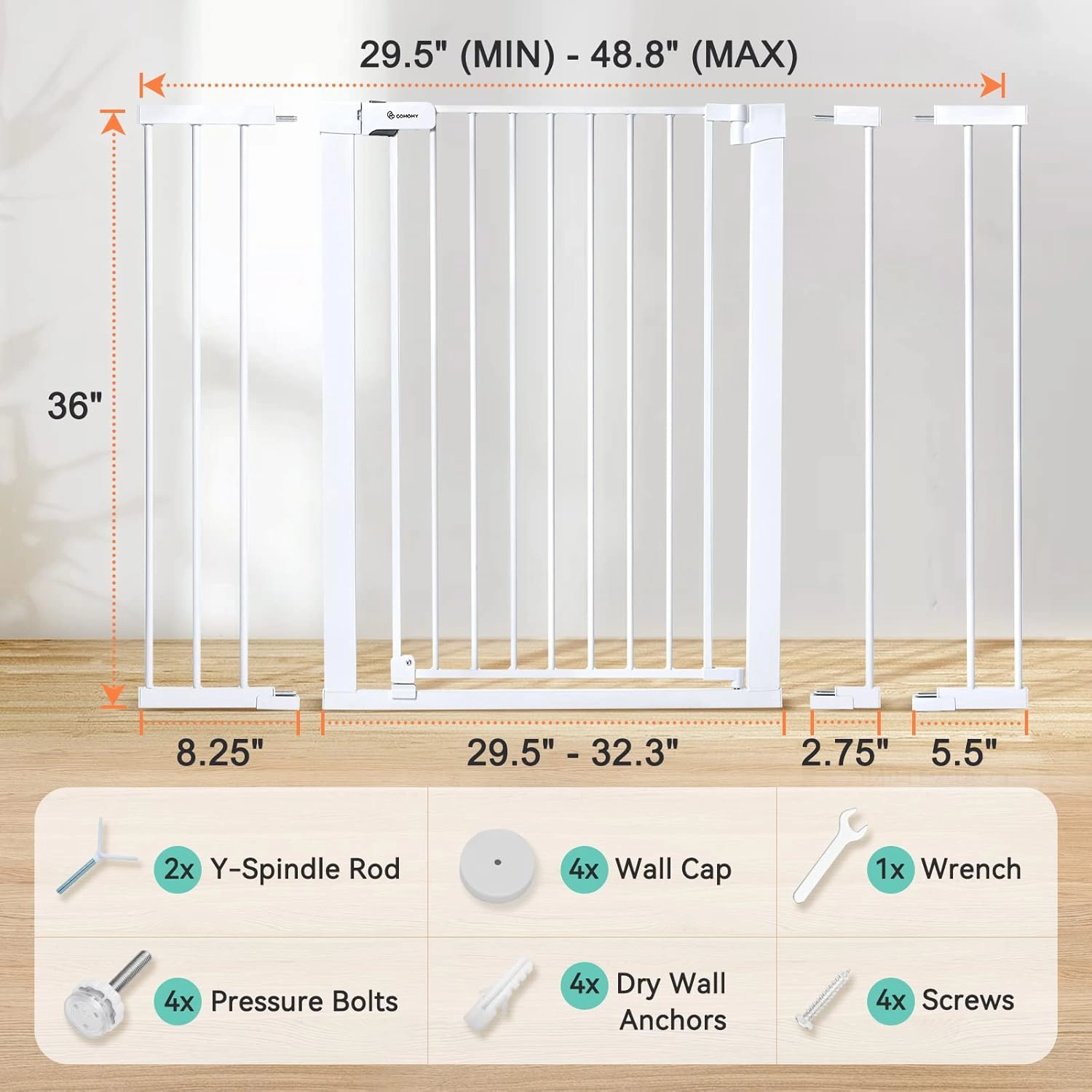 COMOMY 36" Extra Tall Baby Gate for Stairs Doorways, Fits Openings 29.5" to 48.8" Wide, Auto Close Extra Wide Dog Gate for House, Pressure Mounted Easy Walk Through Pet Gate with Door, White