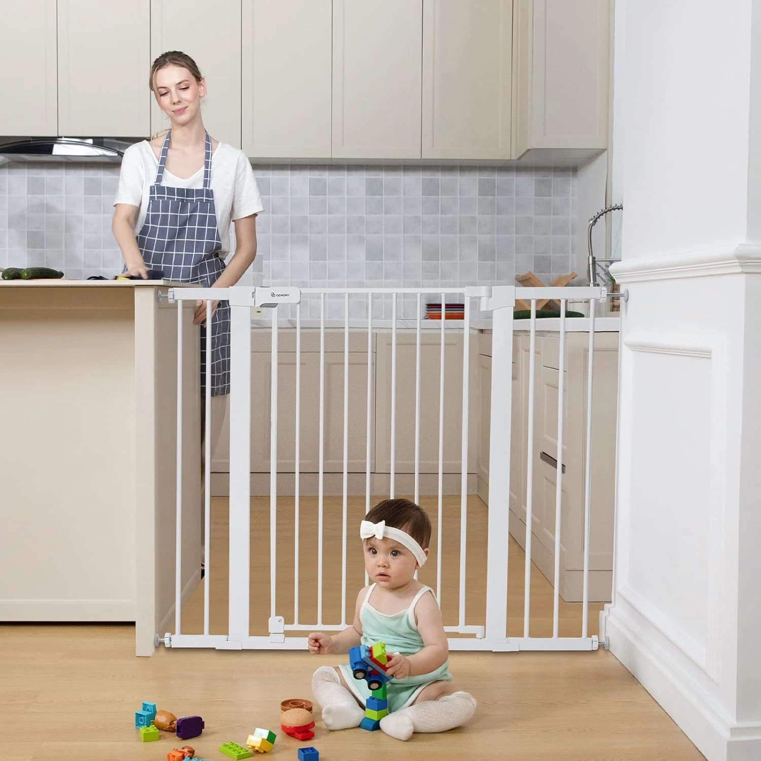 COMOMY 36" Extra Tall Baby Gate for Stairs Doorways, Fits Openings 29.5" to 48.8" Wide, Auto Close Extra Wide Dog Gate for House, Pressure Mounted Easy Walk Through Pet Gate with Door, White