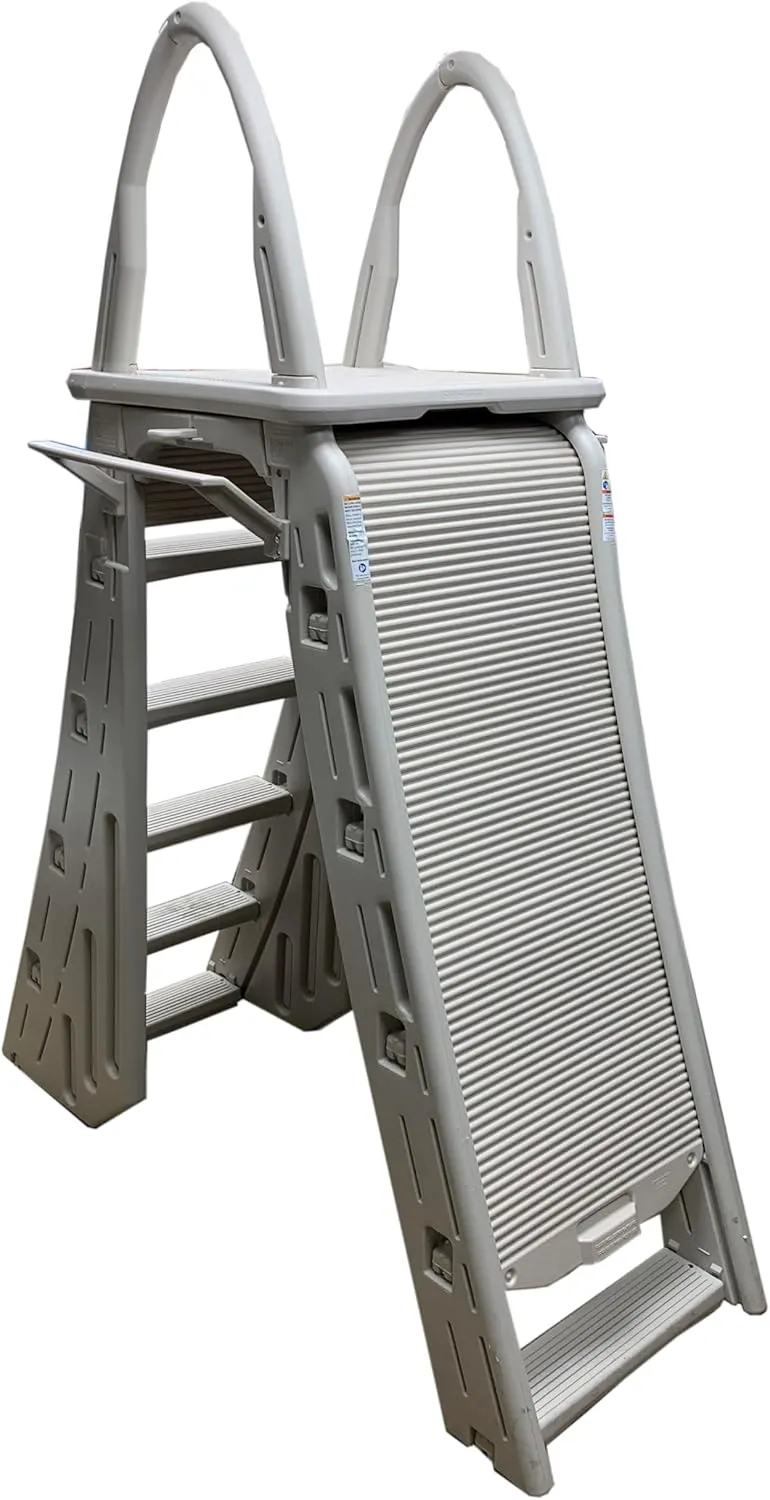 Confer Plastics 7200 Roll Guard 48" to 56" Adjustable A Frame Safety Ladder for Above Ground Outdoor Patio Swimming Pool Platform Ladder with Step Barrier, Warm Grey…