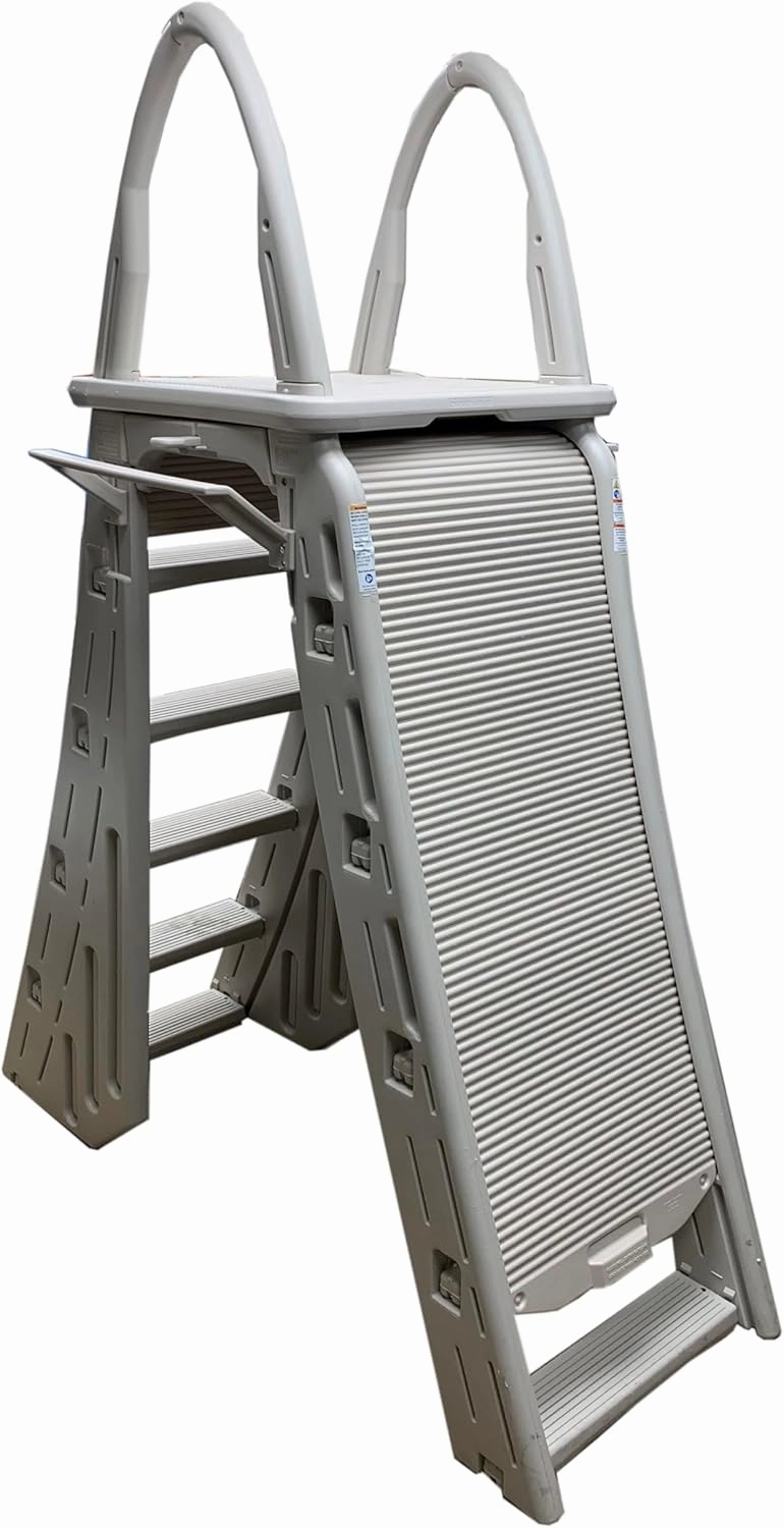 Confer Plastics 7200 Roll Guard 48" to 56" Adjustable A Frame Safety Ladder for Above Ground Outdoor Patio Swimming Pool Platform Ladder with Step Barrier, Warm Grey…