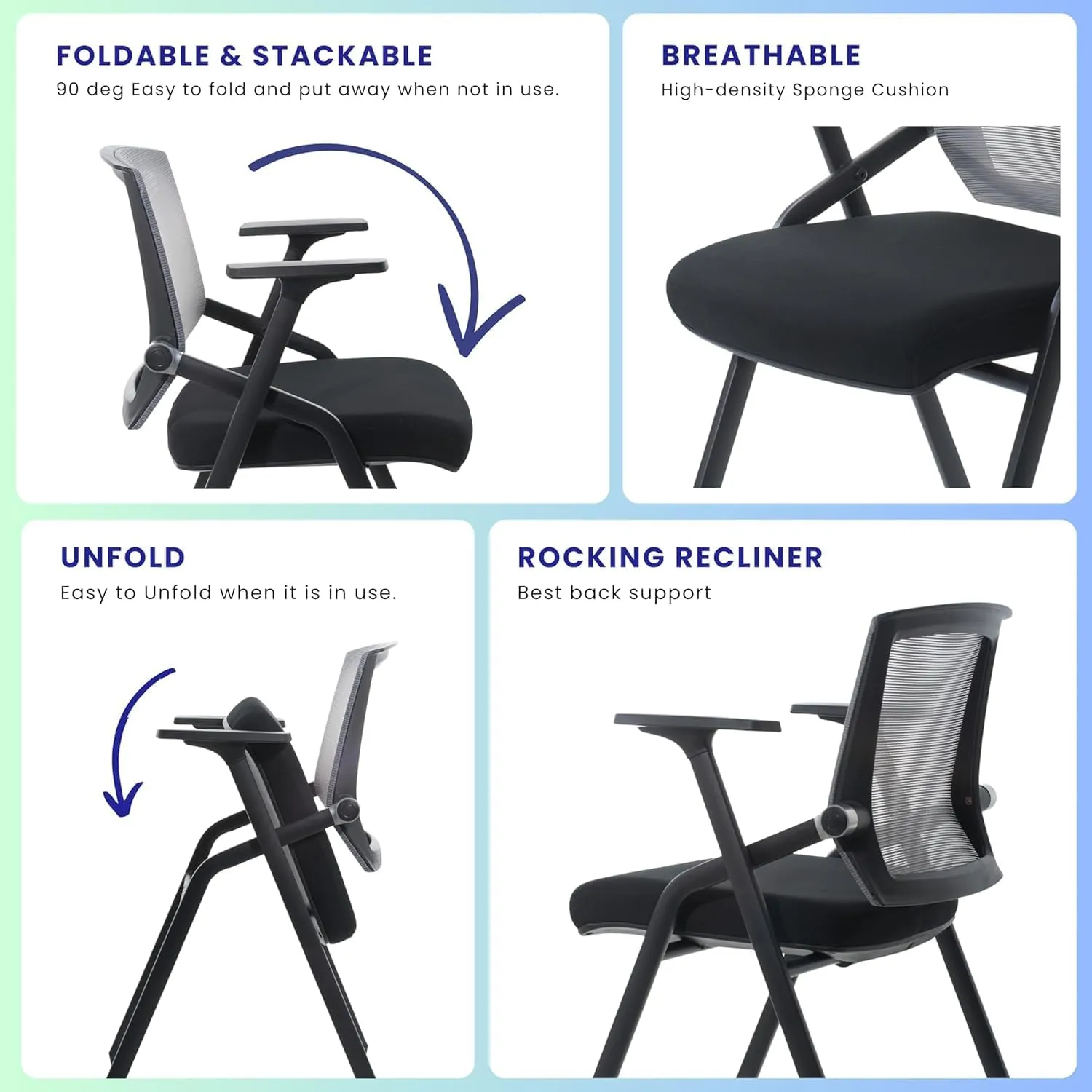 Conference Room Chairs, Folding Office Desk Chair with Lumbar Support and Sliding Armrest with Casters, Stackable Office Guest Chairs & Reception Chairs (2 Pack)