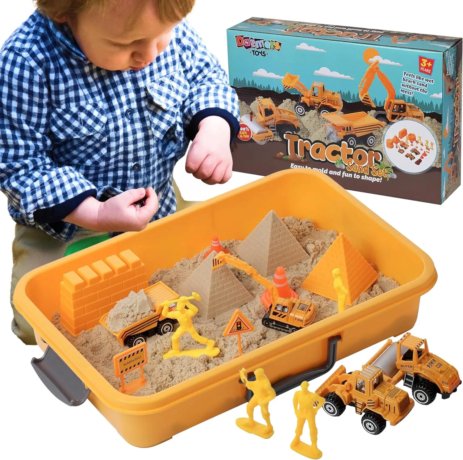 Construction Sandbox Toy for Kids With 2 lbs Play Sand, Bulldozer, and Figures - Tractor Sand Playset - Children's 3-5 Boys Farm Set, Indoor Mini Construction Play Set