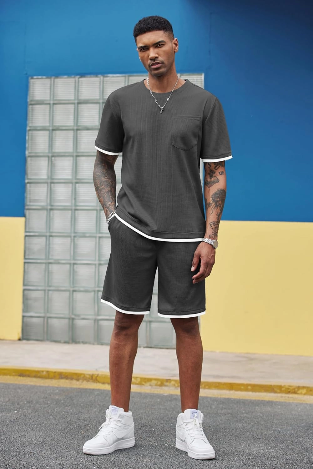 COOFANDY Men's Waffle Shirt and Shorts Set 2 Piece Outfits Casual Summer Tracksuits Set with Pockets