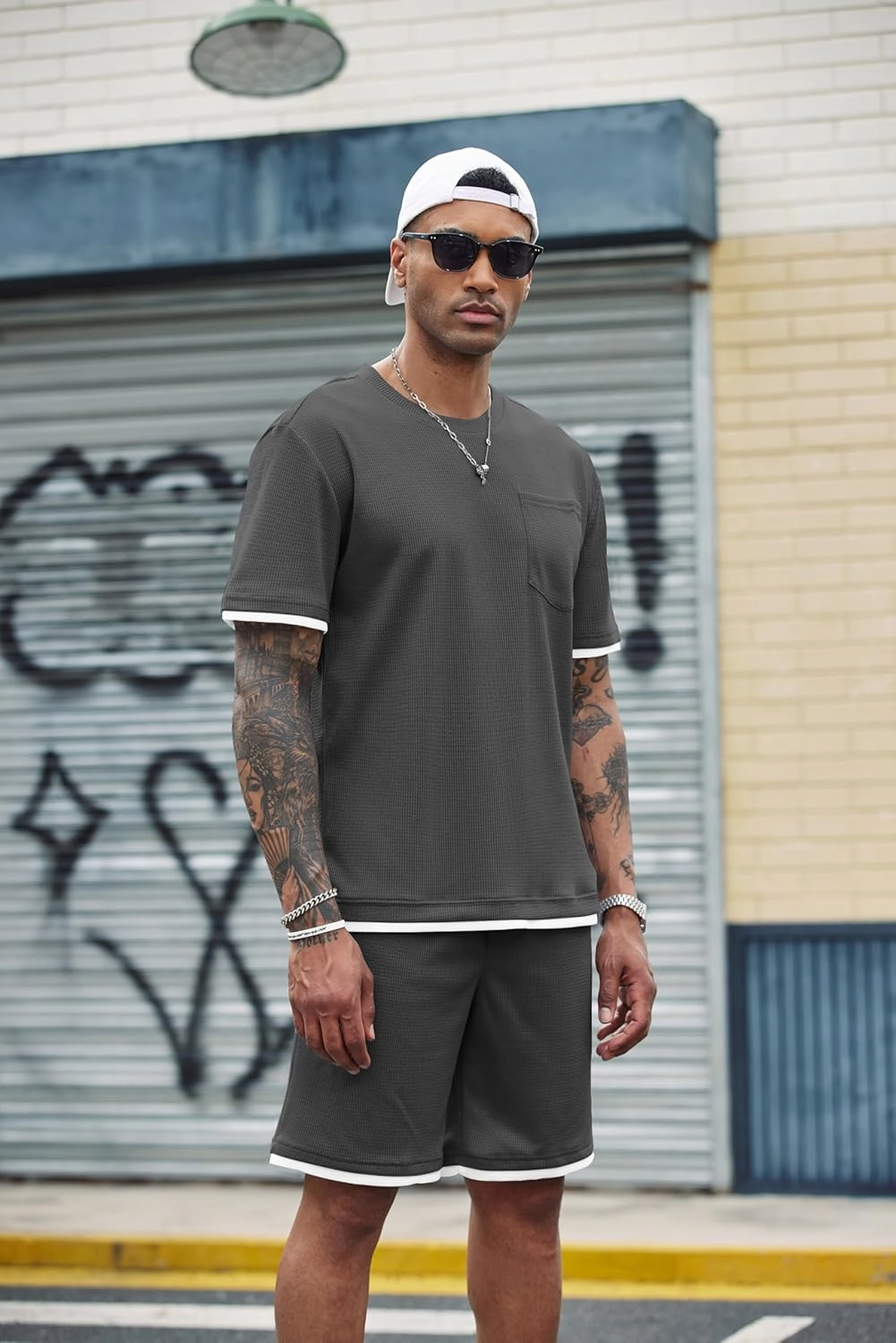 COOFANDY Men's Waffle Shirt and Shorts Set 2 Piece Outfits Casual Summer Tracksuits Set with Pockets