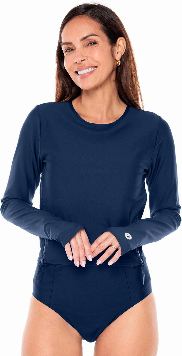 Coolibar UPF 50  Women's Bayfront Rash Guard Bra Top, Navy, X-Small, Solid - Sun Protective