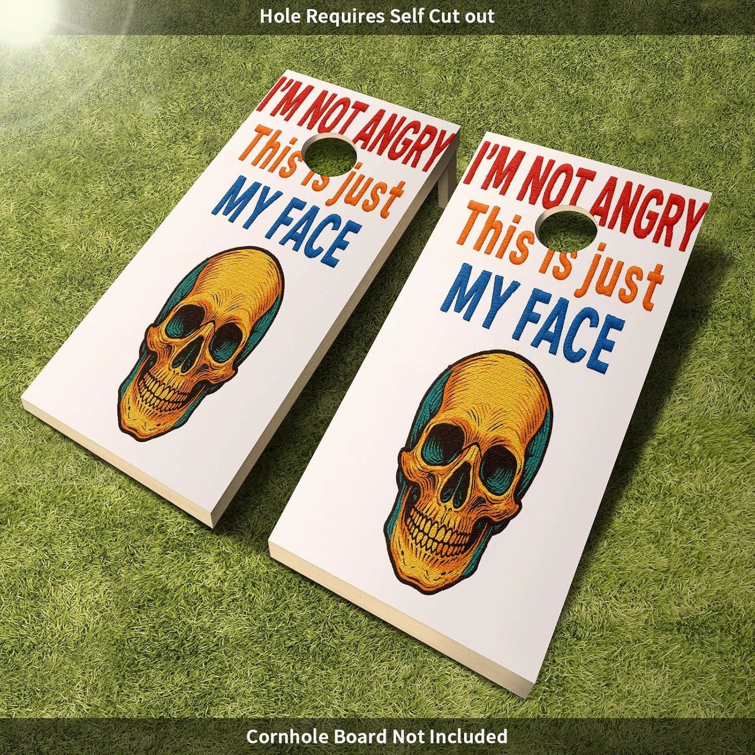 Corn Hole Decals 24x48in Set of 2 Weatherproof Laminated Vinyl Board Wraps Game Accessories Adhesive Skins Tailgate Party Backyard Lawn Camping Picnic Decoration Outdoor Events Resting Skull