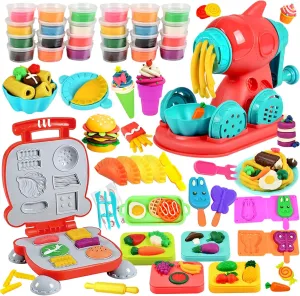 CORPER TOYS 2 in 1 Color Dough Kitchen Creations Food Playset with Hamburger Noodle Maker Machine, Modeling Tool Accessories and 24 Colors Dough Set for Kids Art Craft Toys