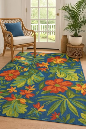Couristan Covington Tropical Orchid Indoor/Outdoor Area Rug, 5'6" x 8', Azure/Forest Green/Red