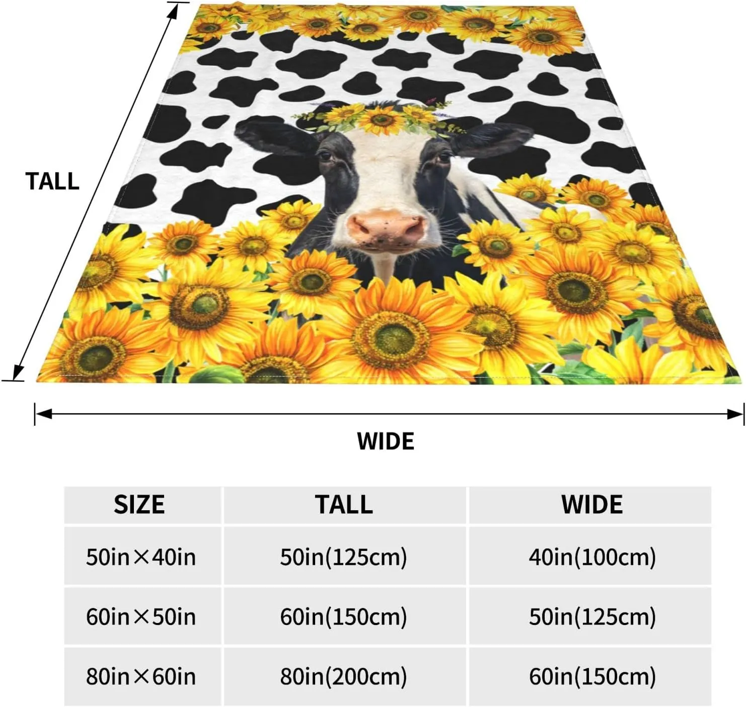Cow Print Sunflower Blanket Soft Warm Lightweight Cozy Plush Throw Blanket Bed Couch Sofa Office Decor Gifts for Kids Women 60"x50"