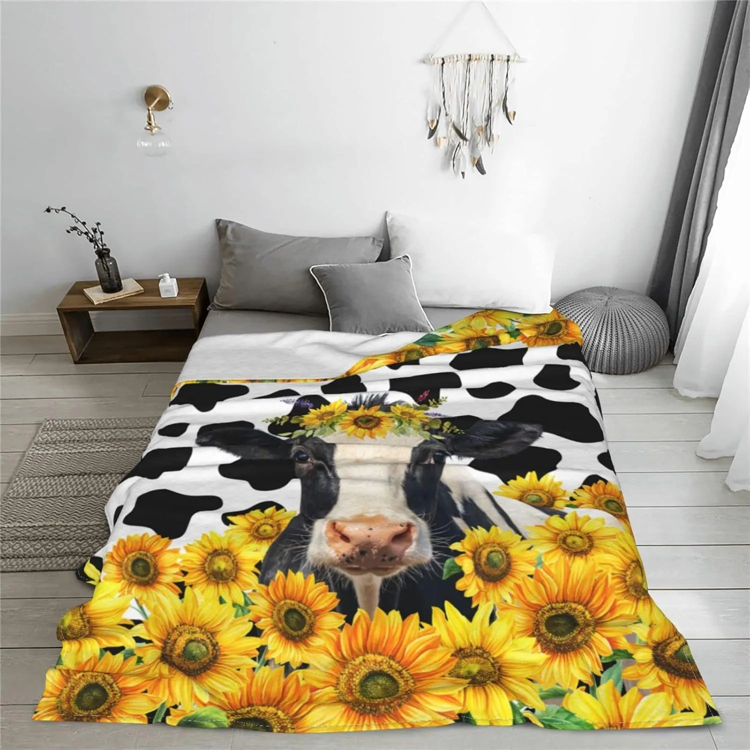 Cow Print Sunflower Blanket Soft Warm Lightweight Cozy Plush Throw Blanket Bed Couch Sofa Office Decor Gifts for Kids Women 60"x50"