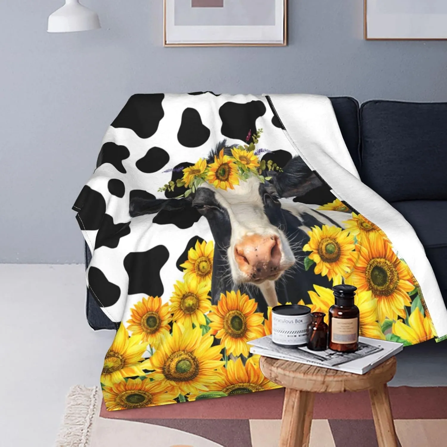 Cow Print Sunflower Blanket Soft Warm Lightweight Cozy Plush Throw Blanket Bed Couch Sofa Office Decor Gifts for Kids Women 60"x50"