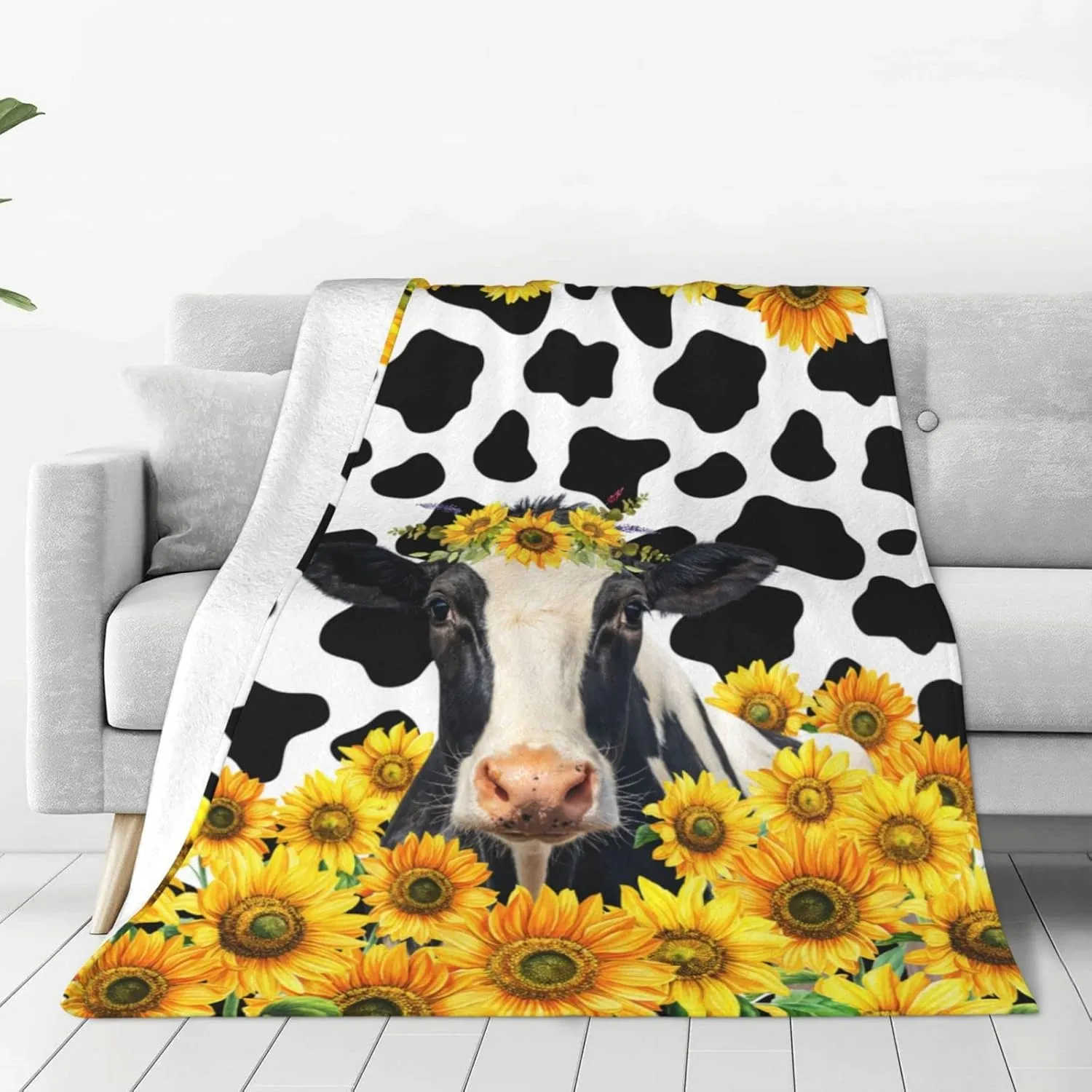 Cow Print Sunflower Blanket Soft Warm Lightweight Cozy Plush Throw Blanket Bed Couch Sofa Office Decor Gifts for Kids Women 60"x50"