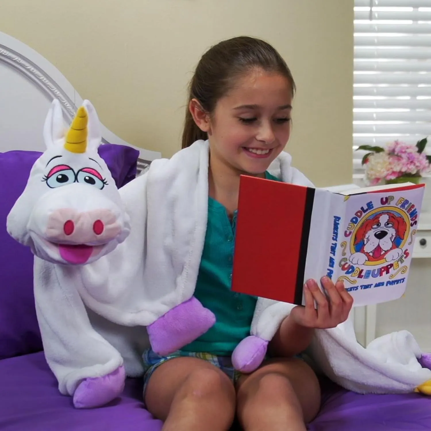 Cuddleuppets: Unicorn - White-Purple - 2-in-1: Plush Puppet & Blanket, Soft Magical Character, Play All Day & Cuddle All Night, Kids, Machine Washable