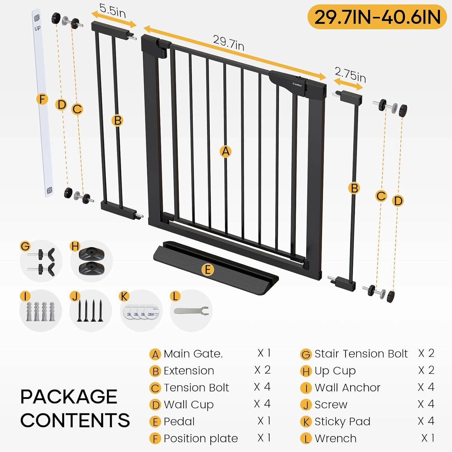 Cumbor 29.7-40.6" Baby Gate for Stairs, Baby Essential Safety Gate, Mom's Choice Awards Winner-Dog Gate for Doorways, Pressure Mounted Auto-Close Pet Gates for Dogs Indoor, Durable Child Gate, Black