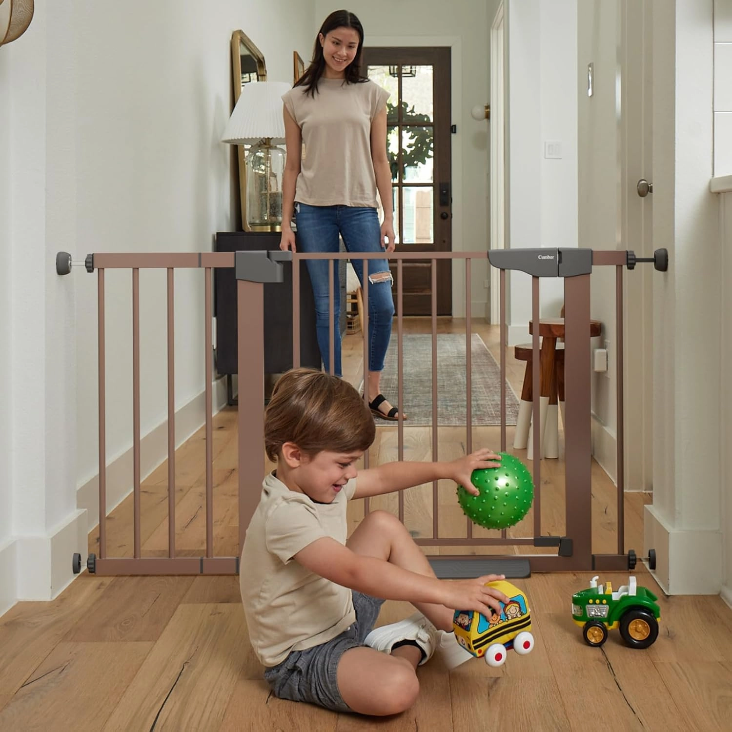 Cumbor 29.7-46" Baby Gate for Stairs, Mom's Choice Awards Winner-Auto Close Dog Gate for the House, Easy Install Pressure Mounted Pet Gates for Doorways, Easy Walk Thru Wide Safety Gate for Dog, Brown