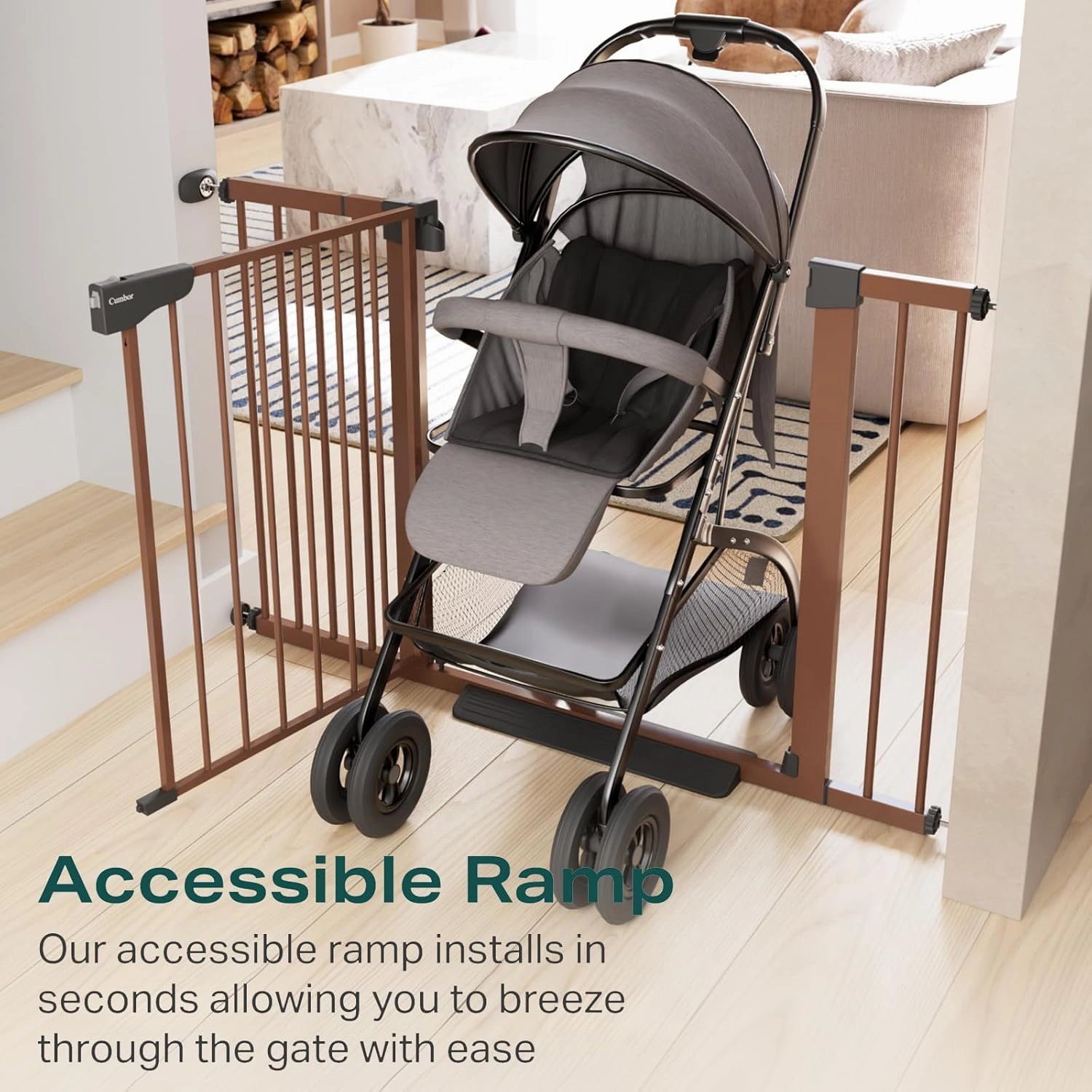 Cumbor 29.7-46" Baby Gate for Stairs, Mom's Choice Awards Winner-Auto Close Dog Gate for the House, Easy Install Pressure Mounted Pet Gates for Doorways, Easy Walk Thru Wide Safety Gate for Dog, Brown