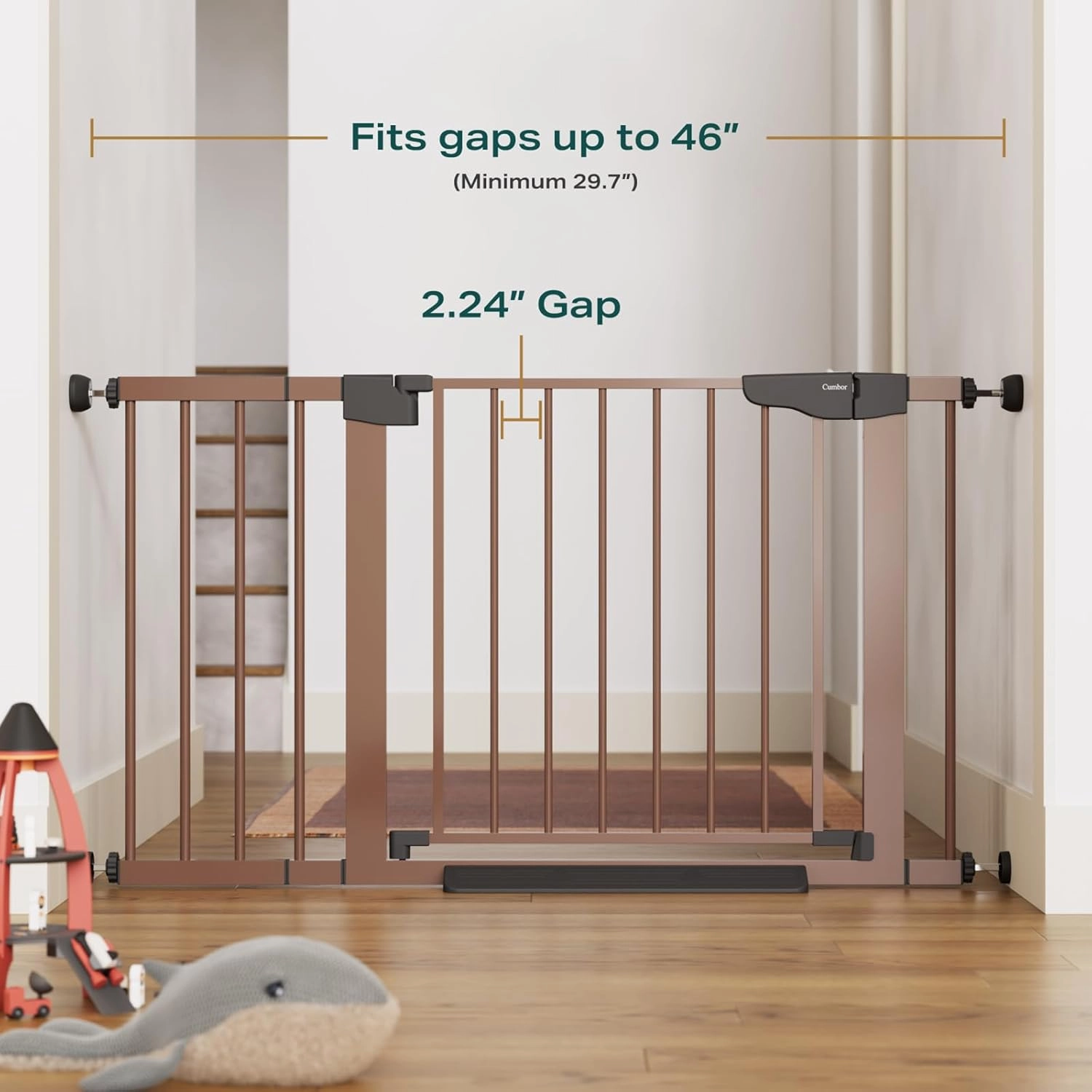 Cumbor 29.7-46" Baby Gate for Stairs, Mom's Choice Awards Winner-Auto Close Dog Gate for the House, Easy Install Pressure Mounted Pet Gates for Doorways, Easy Walk Thru Wide Safety Gate for Dog, Brown