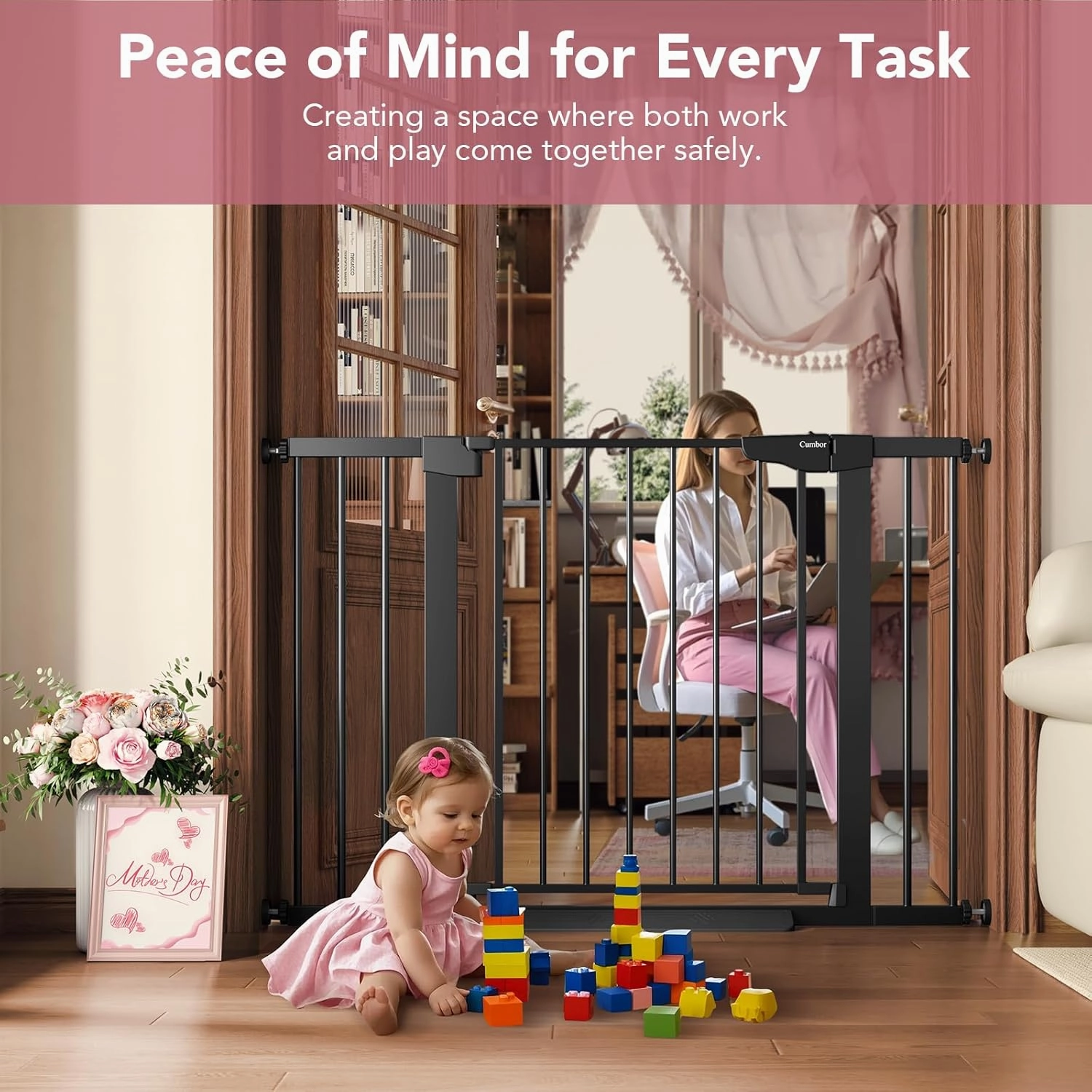 Cumbor 29.7-46" Baby Gate for Stairs, Mom's Choice Awards Winner-Auto Close Dog Gate for The House, Gifts for Mom, Easy Install Pressure Mounted Pet Gates for Doorways, Black
