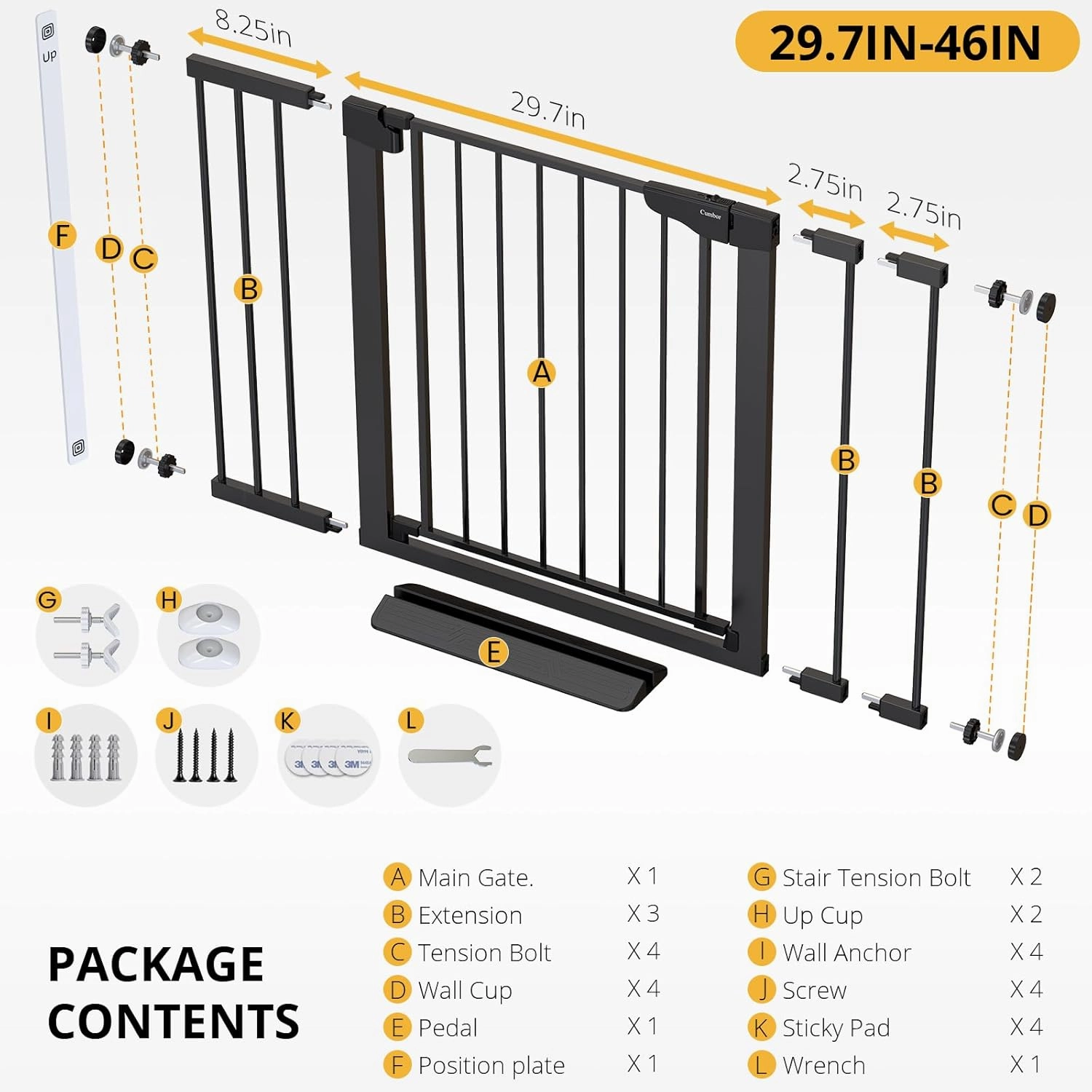 Cumbor 29.7-46" Baby Gate for Stairs, Mom's Choice Awards Winner-Auto Close Dog Gate for The House, Gifts for Mom, Easy Install Pressure Mounted Pet Gates for Doorways, Black