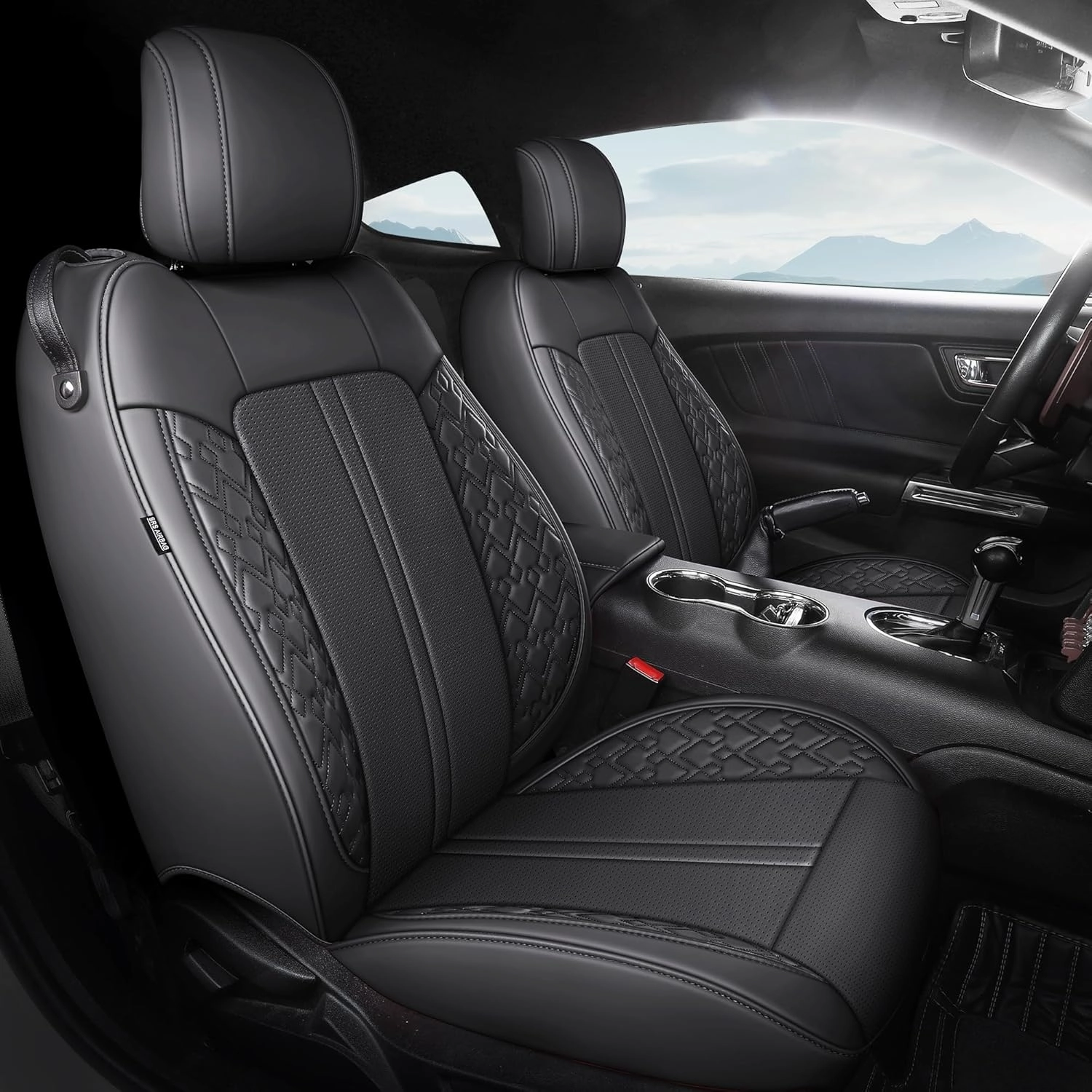 Custom Fit Car Seat Covers for Ford Mustang Fastback/Mach 1/ Coupe (Not for Recaro) 2015 2016 2017 2018 2019 2020 2021 2022 2023, Waterproof Faux Leather Seat Covers Black