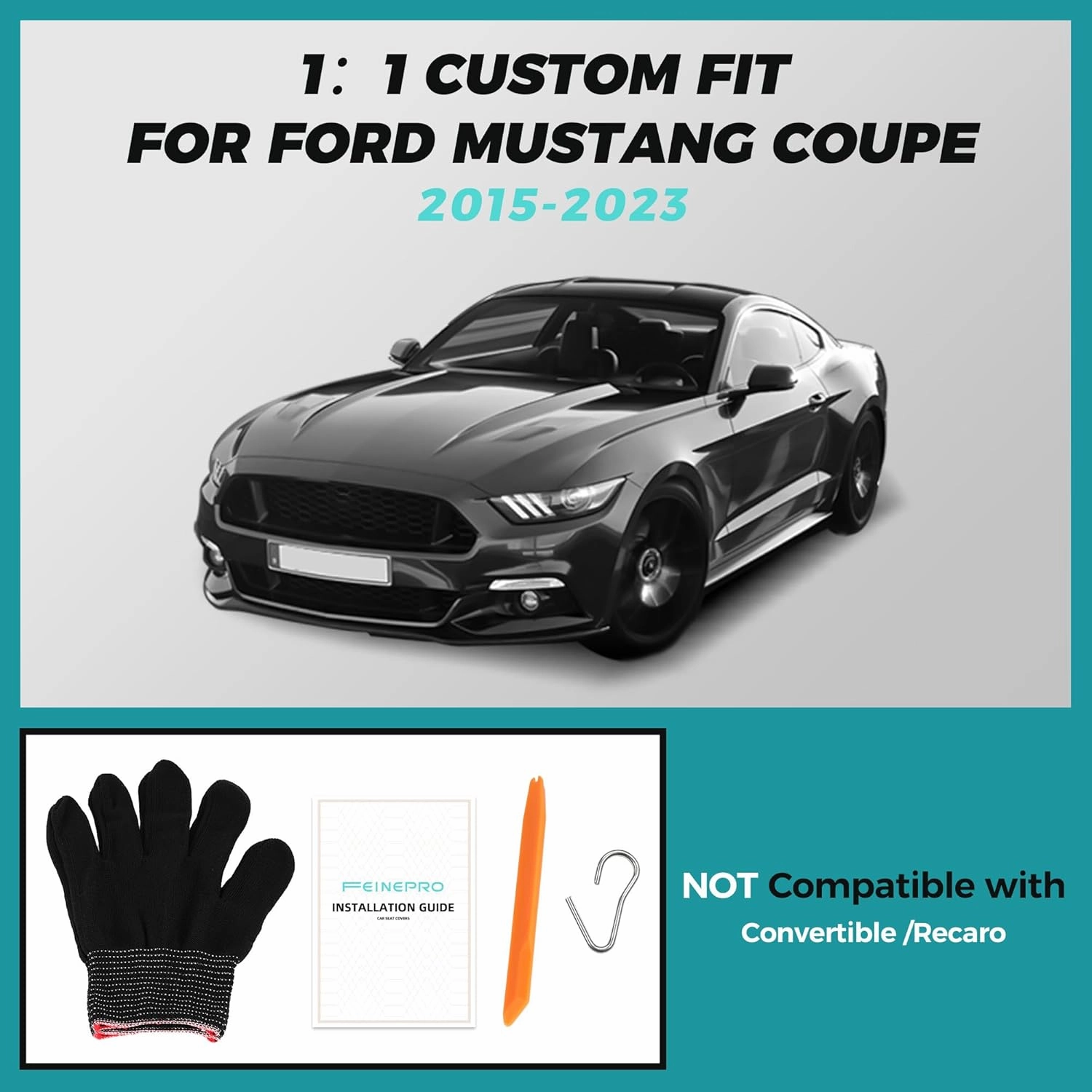 Custom Fit Car Seat Covers for Ford Mustang Fastback/Mach 1/ Coupe (Not for Recaro) 2015 2016 2017 2018 2019 2020 2021 2022 2023, Waterproof Faux Leather Seat Covers Black