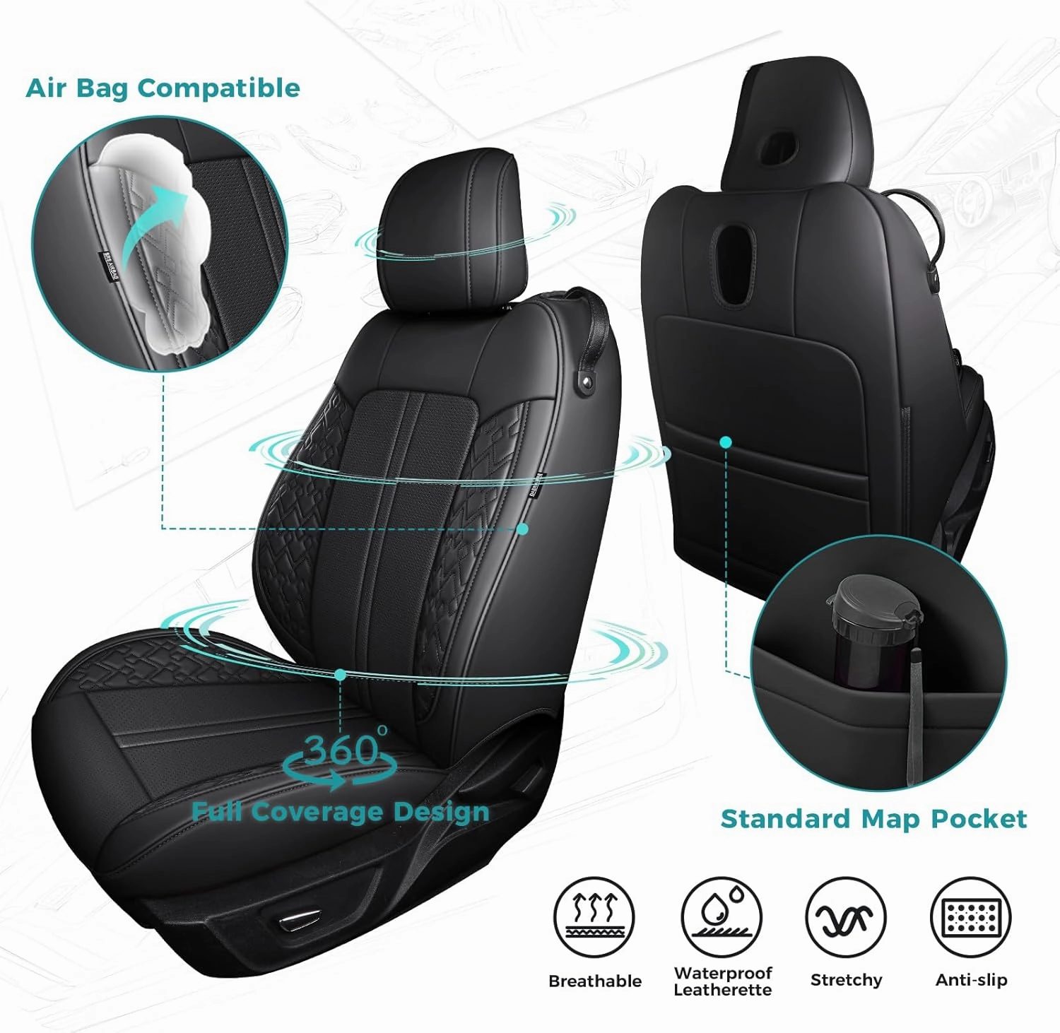 Custom Fit Car Seat Covers for Ford Mustang Fastback/Mach 1/ Coupe (Not for Recaro) 2015 2016 2017 2018 2019 2020 2021 2022 2023, Waterproof Faux Leather Seat Covers Black