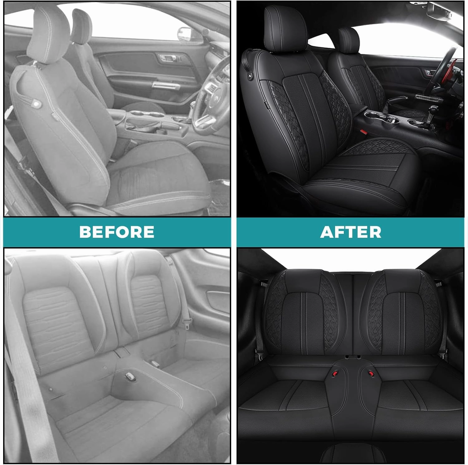 Custom Fit Car Seat Covers for Ford Mustang Fastback/Mach 1/ Coupe (Not for Recaro) 2015 2016 2017 2018 2019 2020 2021 2022 2023, Waterproof Faux Leather Seat Covers Black